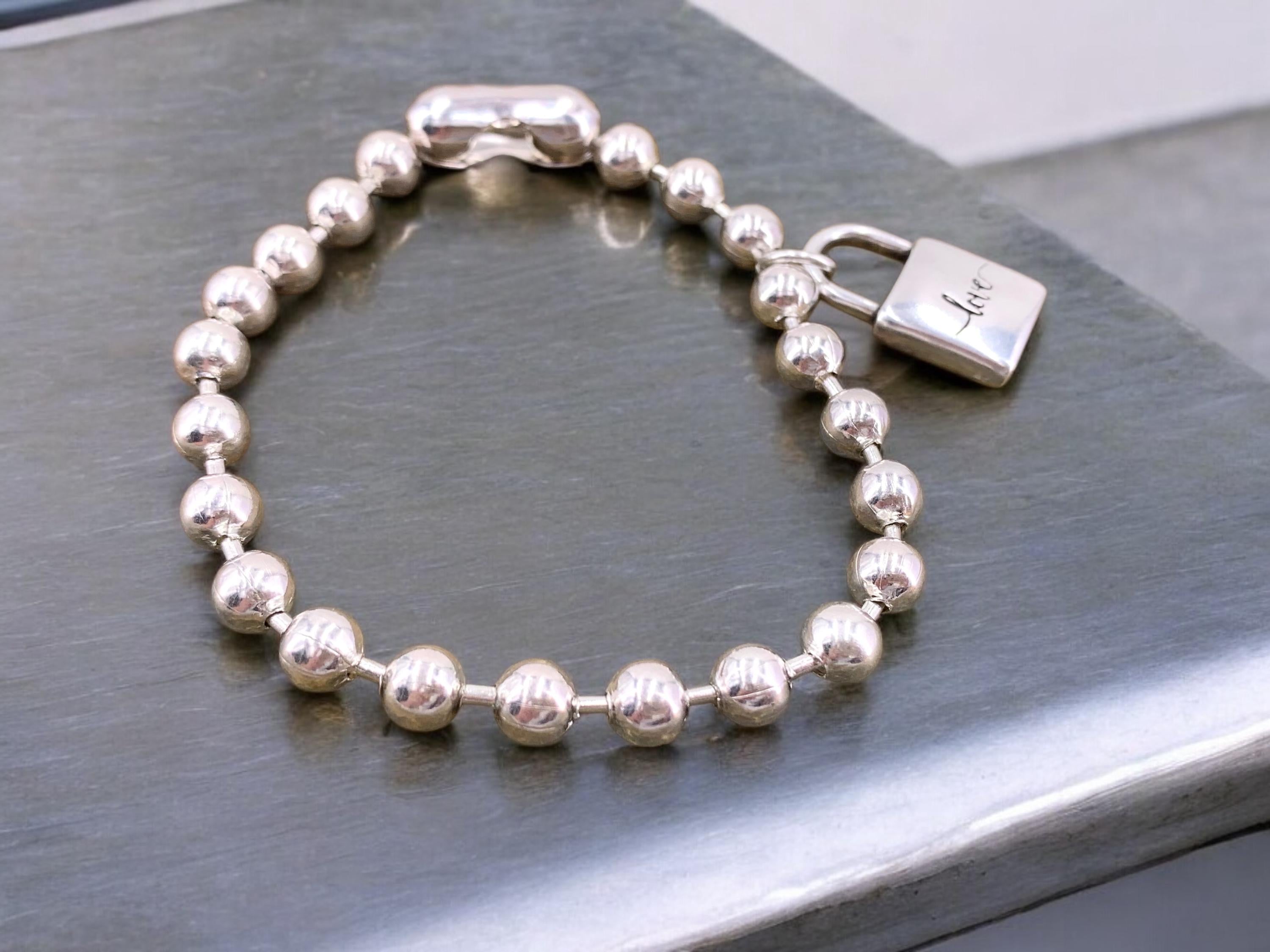 Handmade Silver Beaded Bracelet with 6mm Ball Chain and Padlock Charm – Modern Sculptural Style, Custom Length, perfect women gift