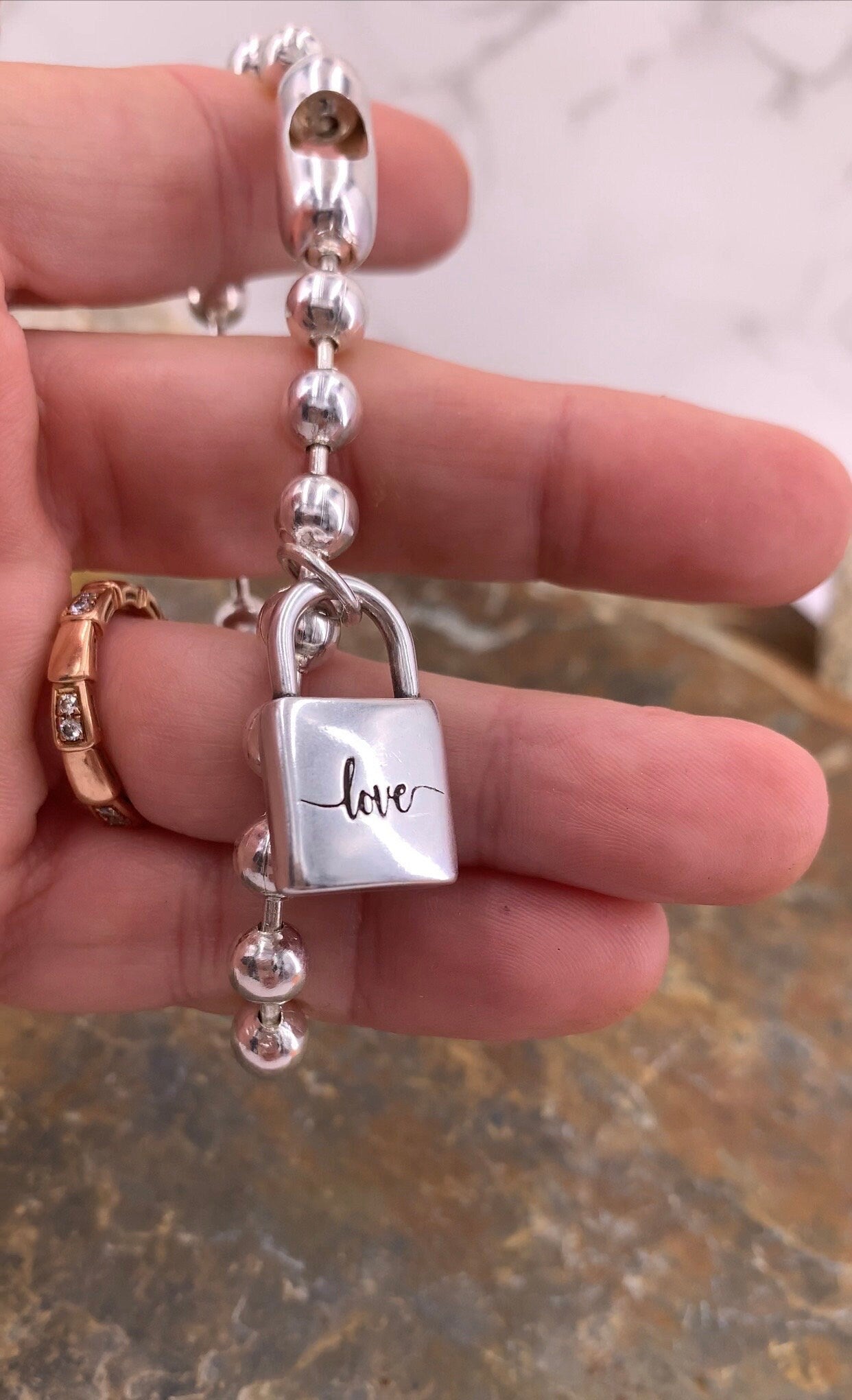 Silver balls chain bracelet with padlock charm pendant