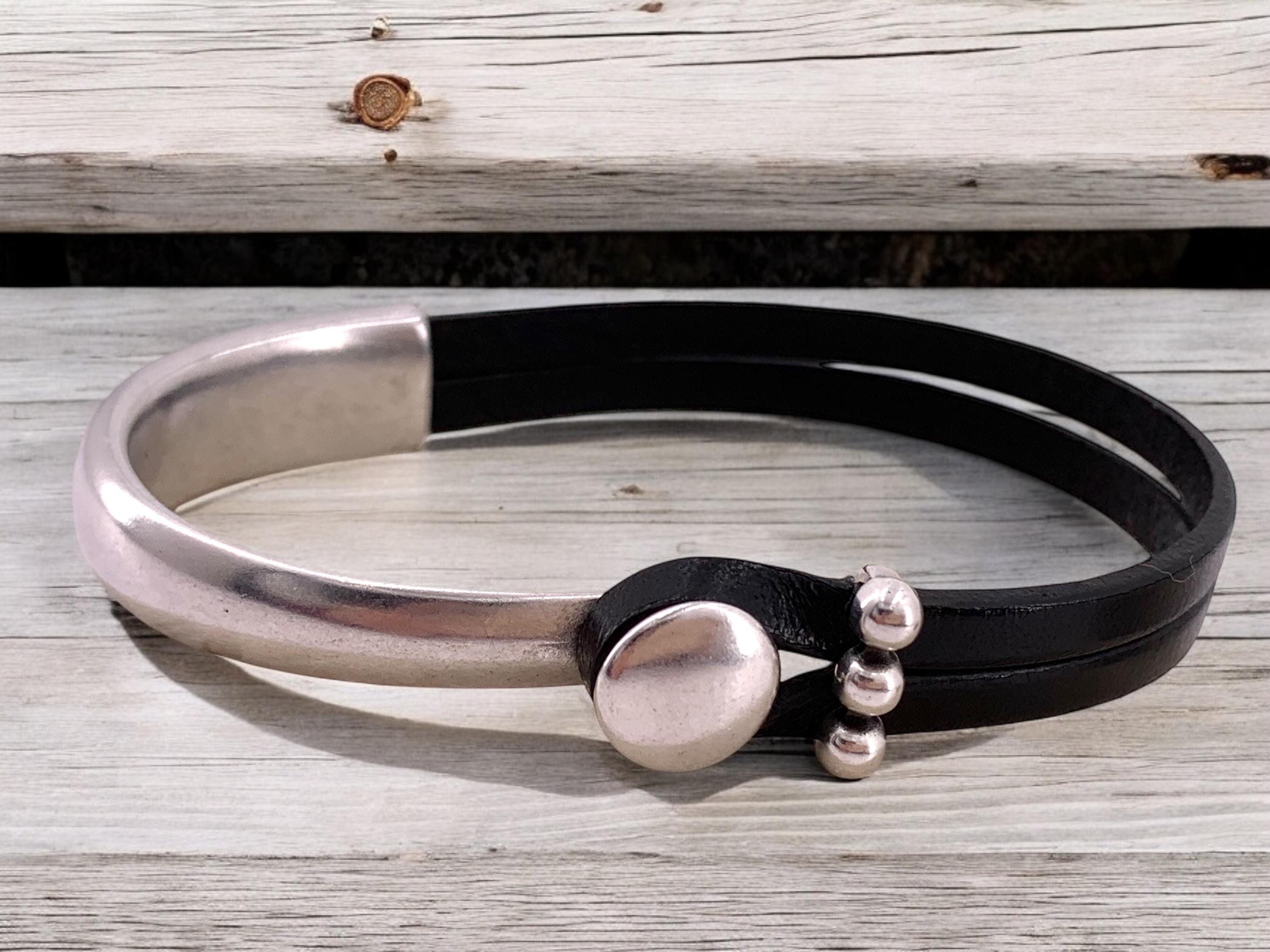 Handmade unisex leather and silver póster half cuff bracelet, custom urban jewelry