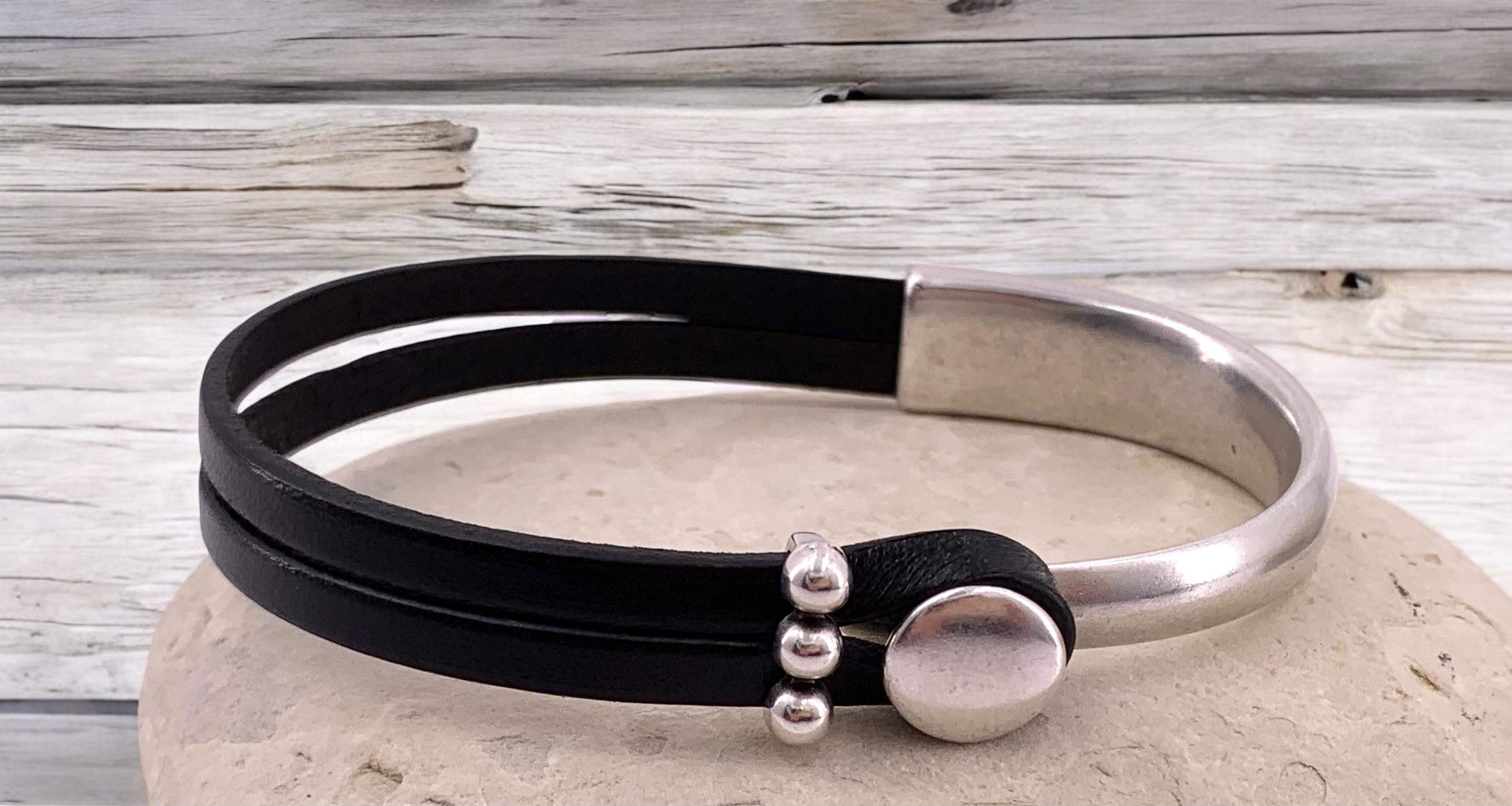 Handmade unisex leather and silver póster half cuff bracelet, custom urban jewelry