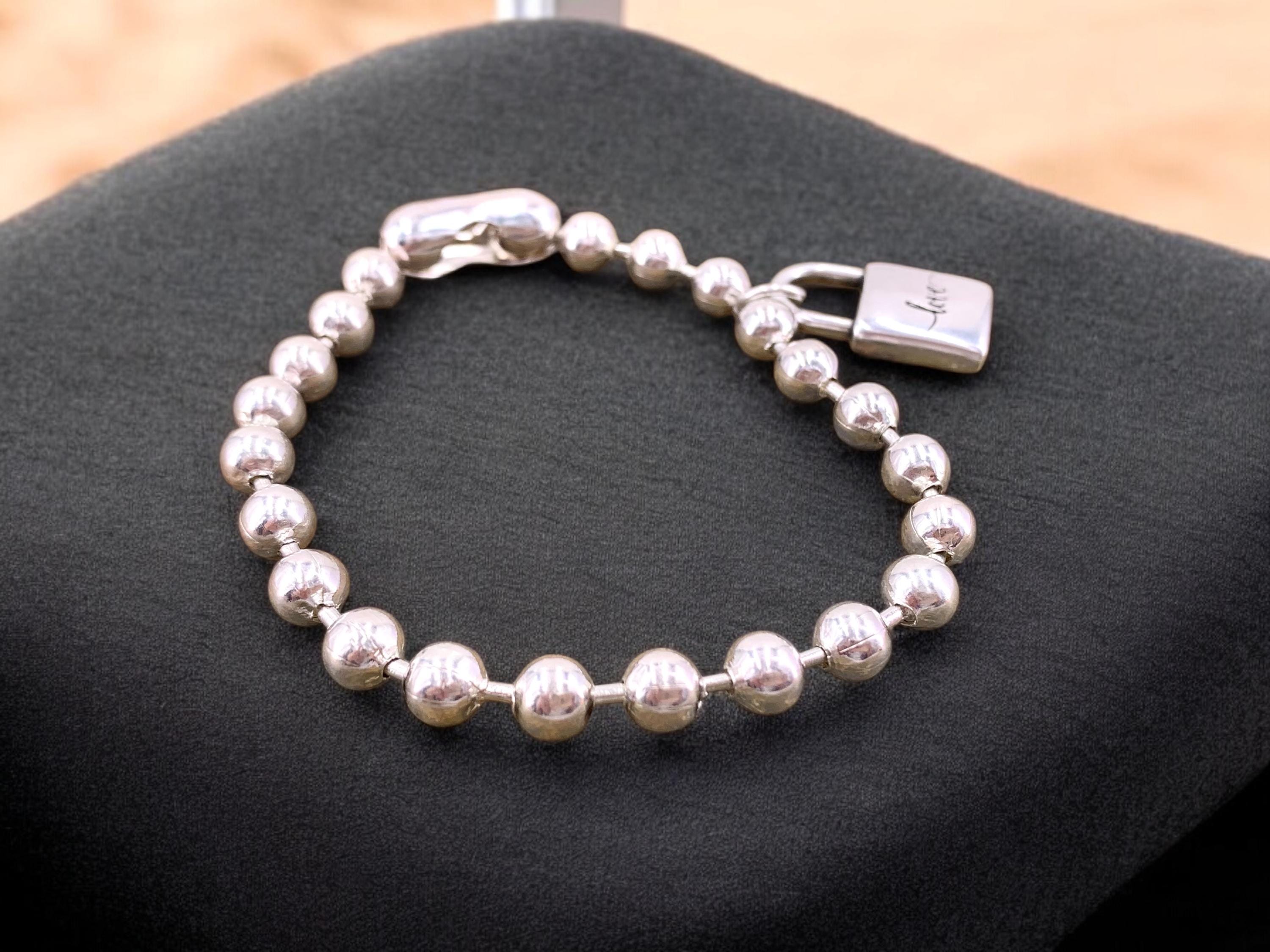 Handmade Silver Beaded Bracelet with 6mm Ball Chain and Padlock Charm – Modern Sculptural Style, Custom Length, perfect women gift