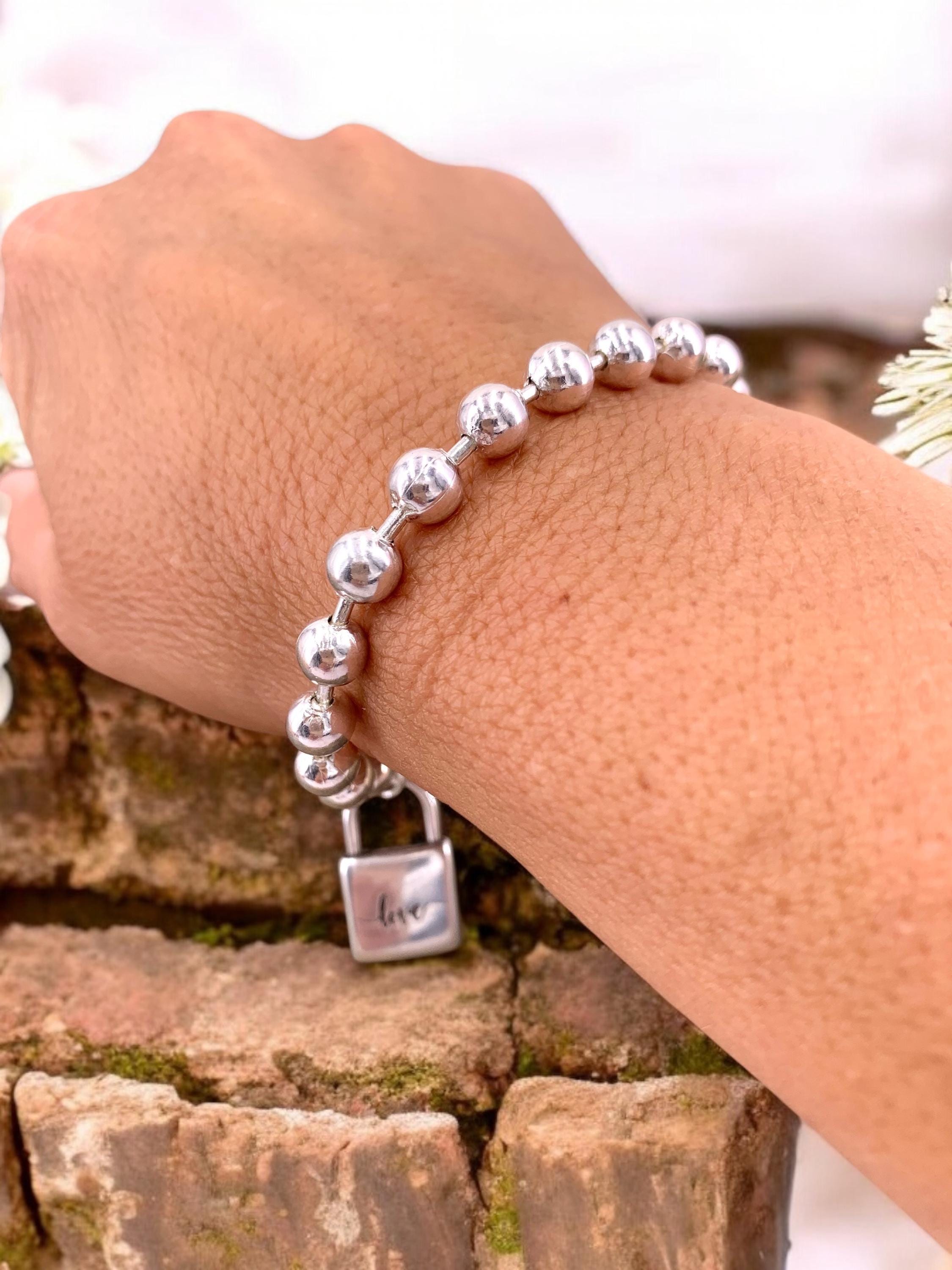 Handmade Silver Beaded Bracelet with 6mm Ball Chain and Padlock Charm – Modern Sculptural Style, Custom Length, perfect women gift
