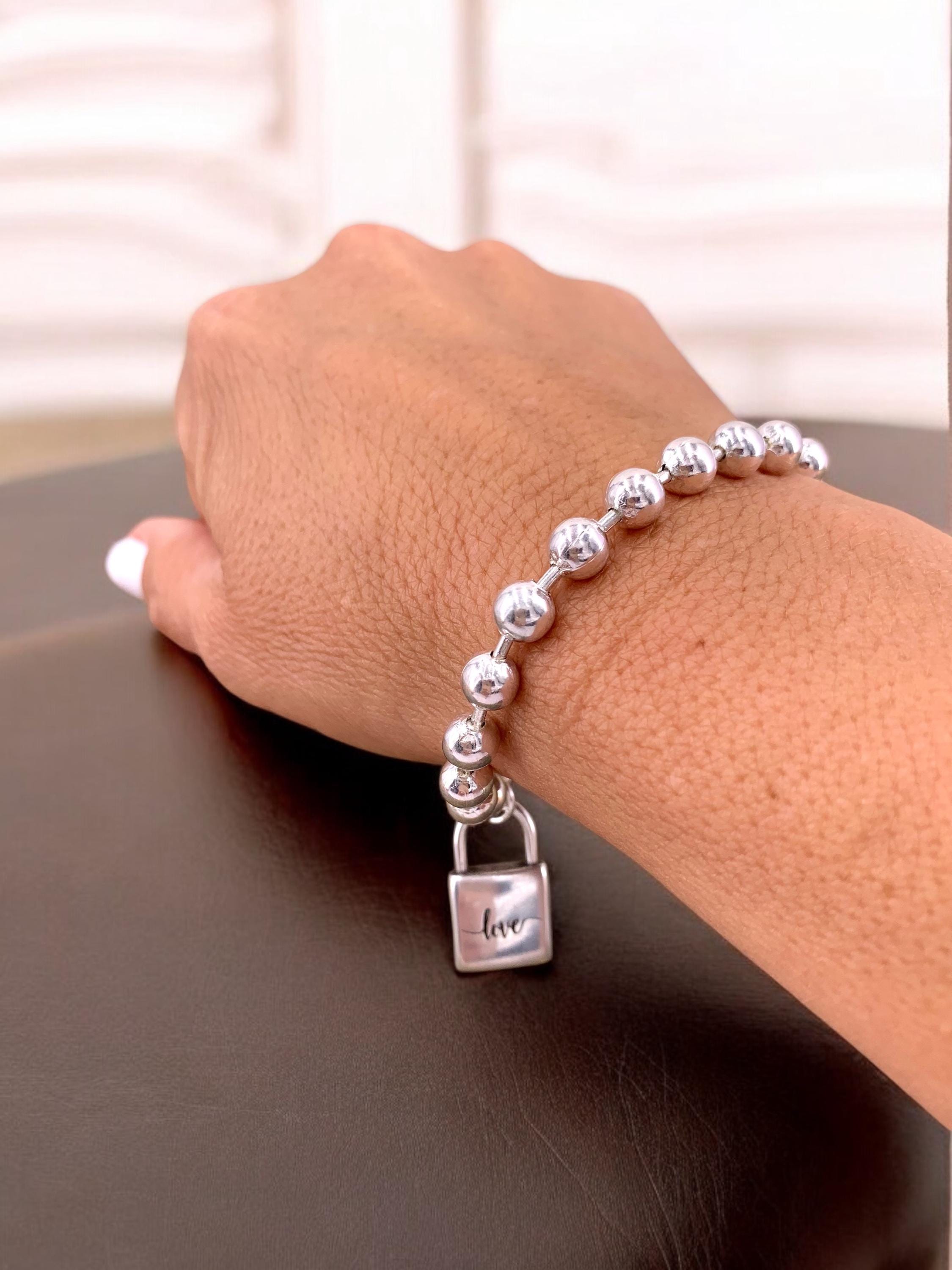 Handmade Silver Beaded Bracelet with 6mm Ball Chain and Padlock Charm – Modern Sculptural Style, Custom Length, perfect women gift