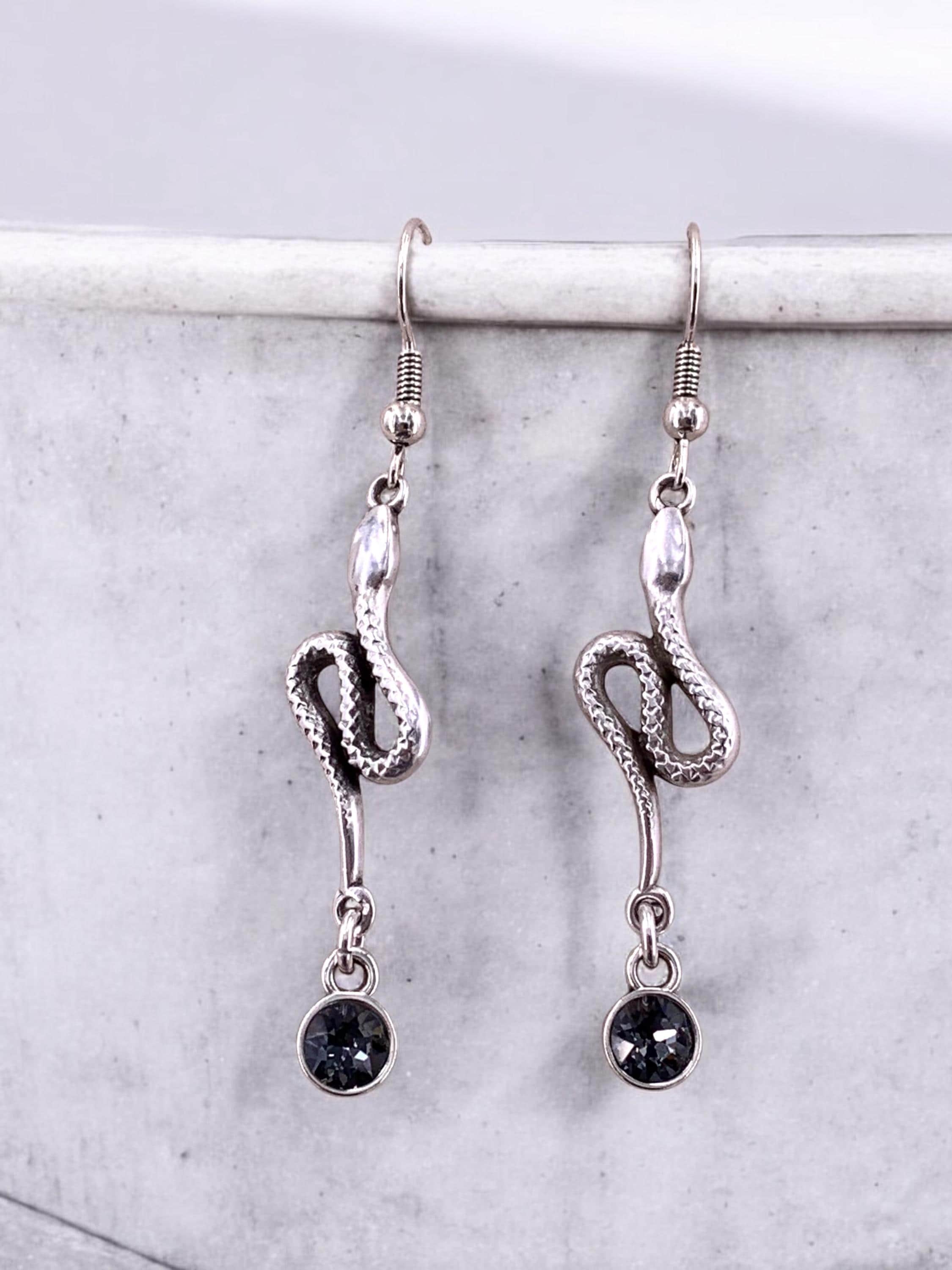Snake shaped long silver dangling earrings with Swarovski crystal, stunning long earring, snake earrings, uno de 50 style, valentines gift
