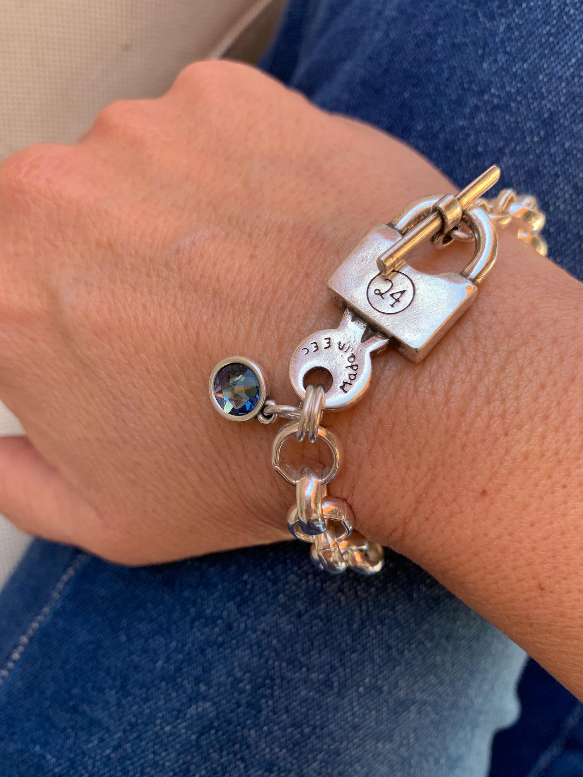 Oversized thick chain womens padlock bracelet| chunky key-lock Cuban link chain bracelet| edgy style silver curb chain cuff bracelet
