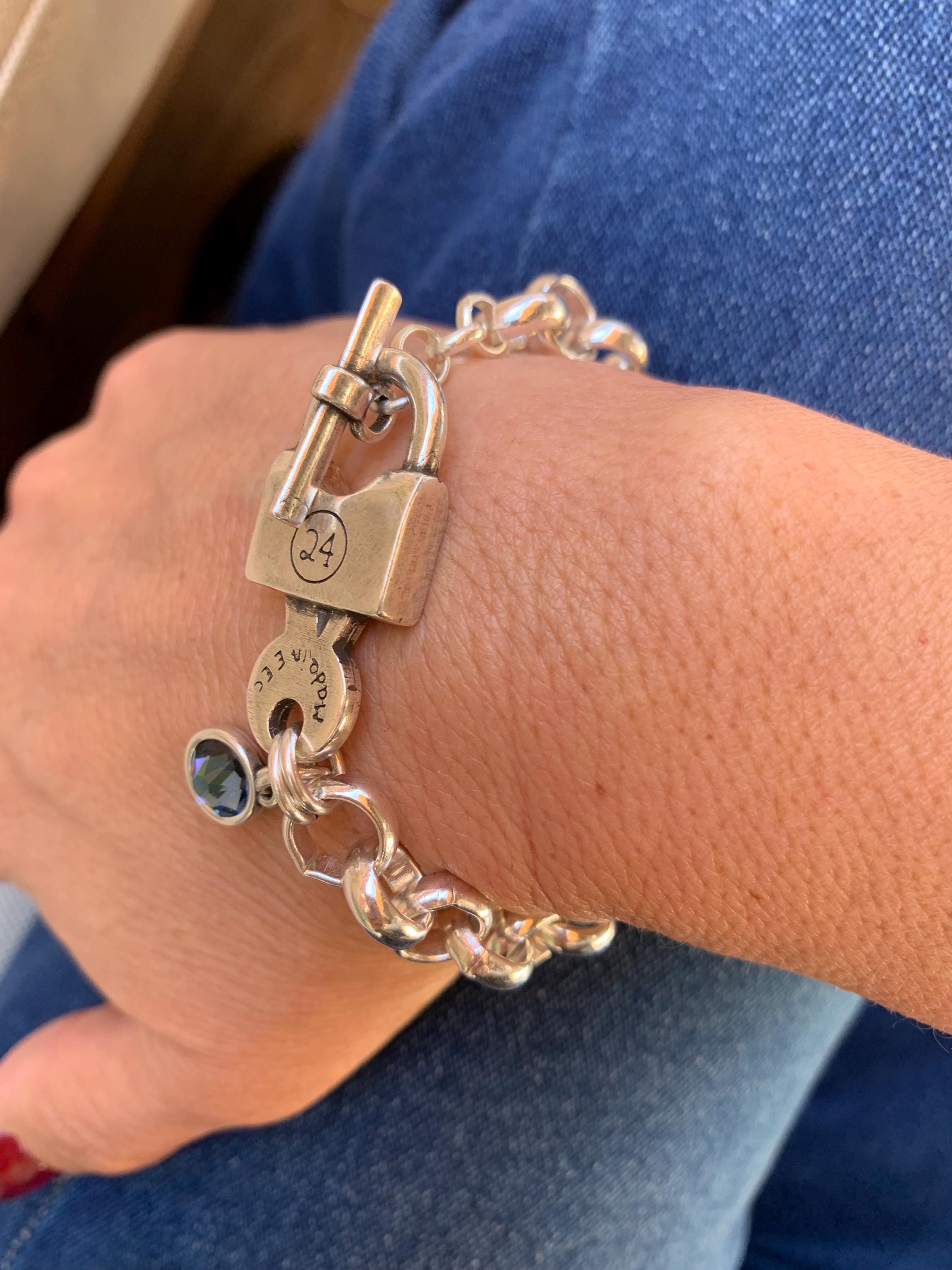 Oversized thick chain womens padlock bracelet| chunky key-lock Cuban link chain bracelet| edgy style silver curb chain cuff bracelet