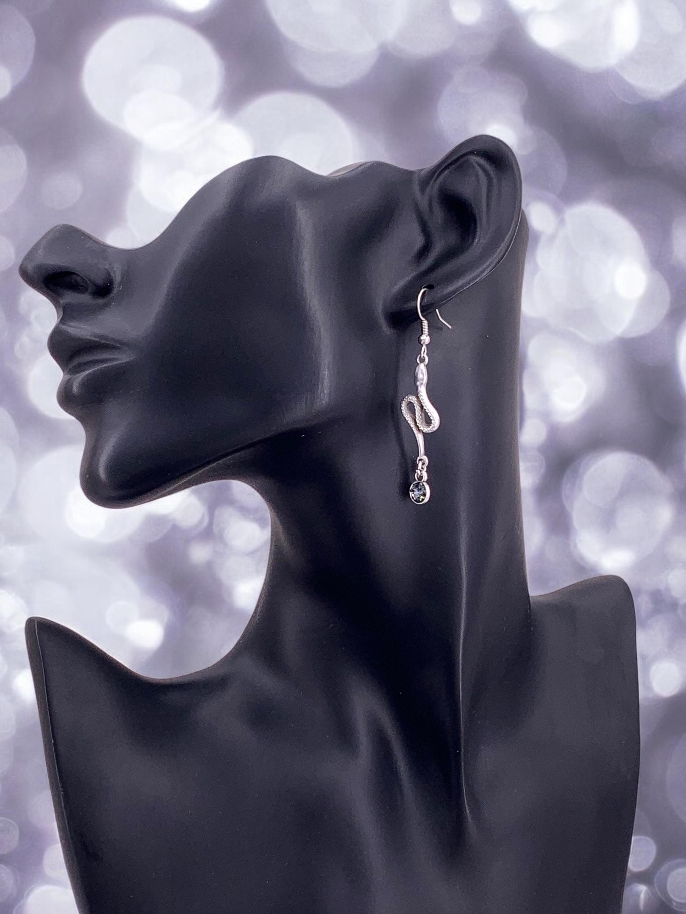 Snake shaped long silver dangling earrings with Swarovski crystal, stunning long earring, snake earrings, uno de 50 style, valentines gift