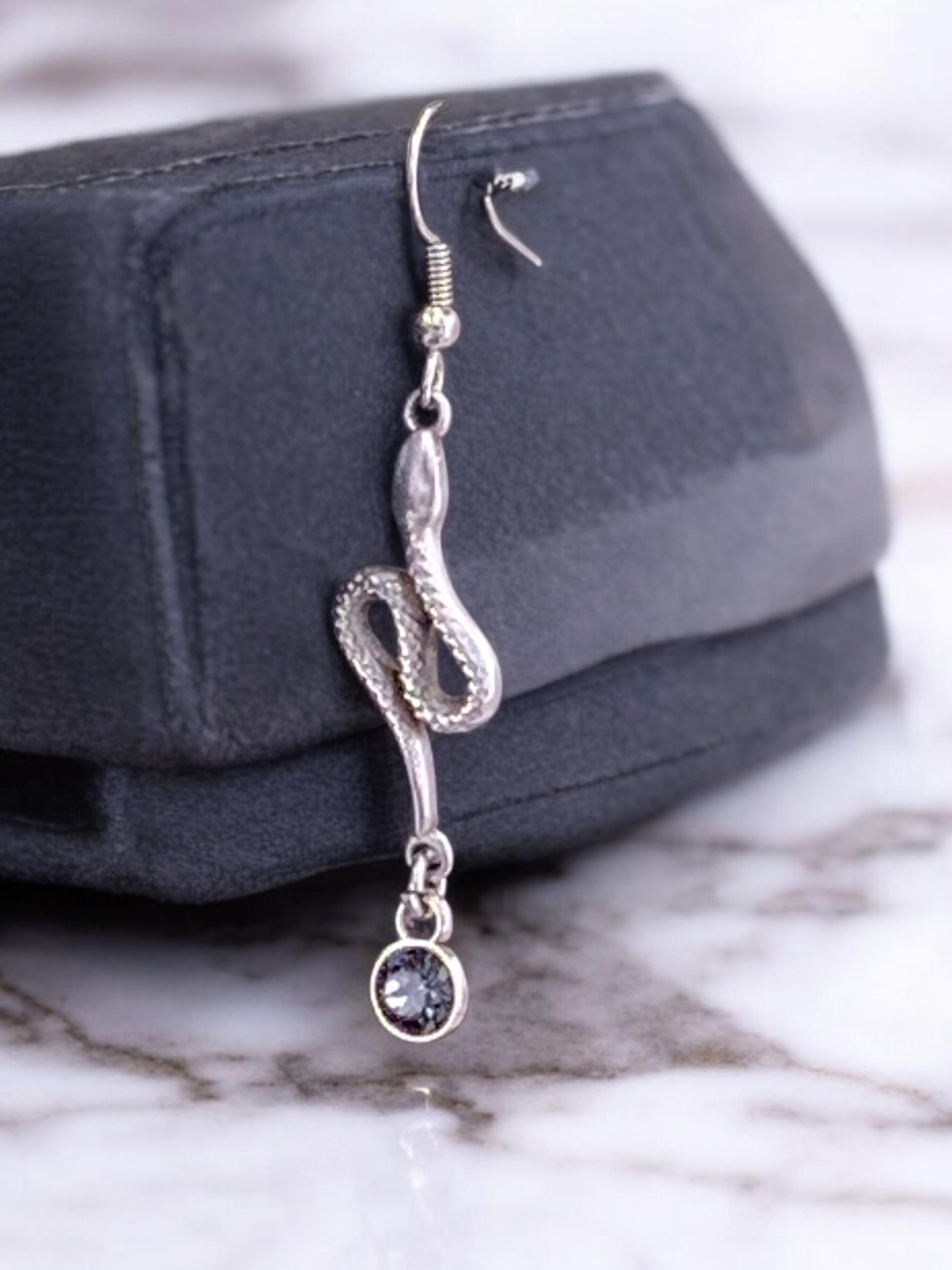 Snake shaped long silver dangling earrings with Swarovski crystal, stunning long earring, snake earrings, uno de 50 style, valentines gift