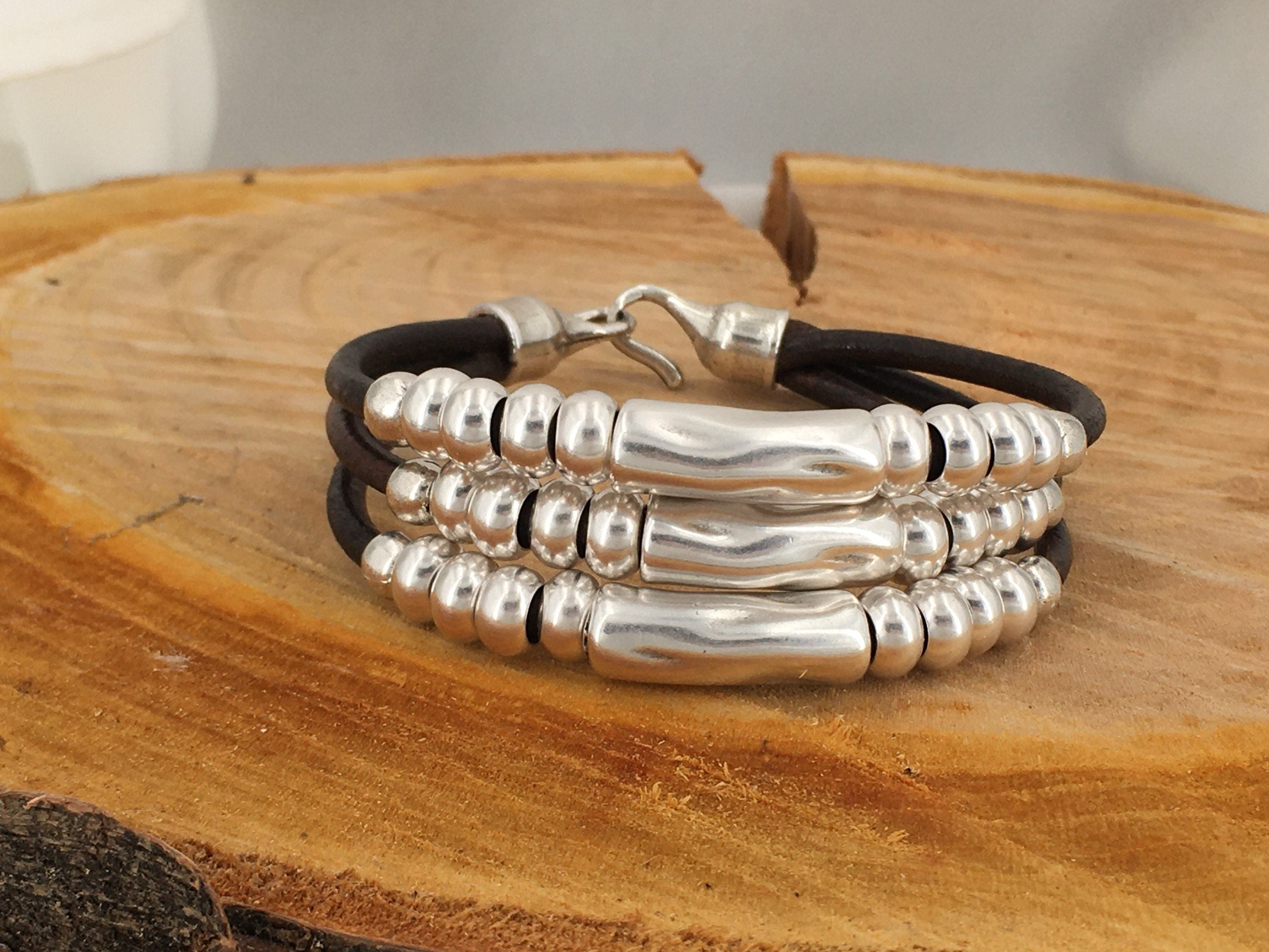 Multi strand silver and leather chunky bracelet, tubes silver leather bracelet, layering bold silver bracelet, statement bracelet, gift
