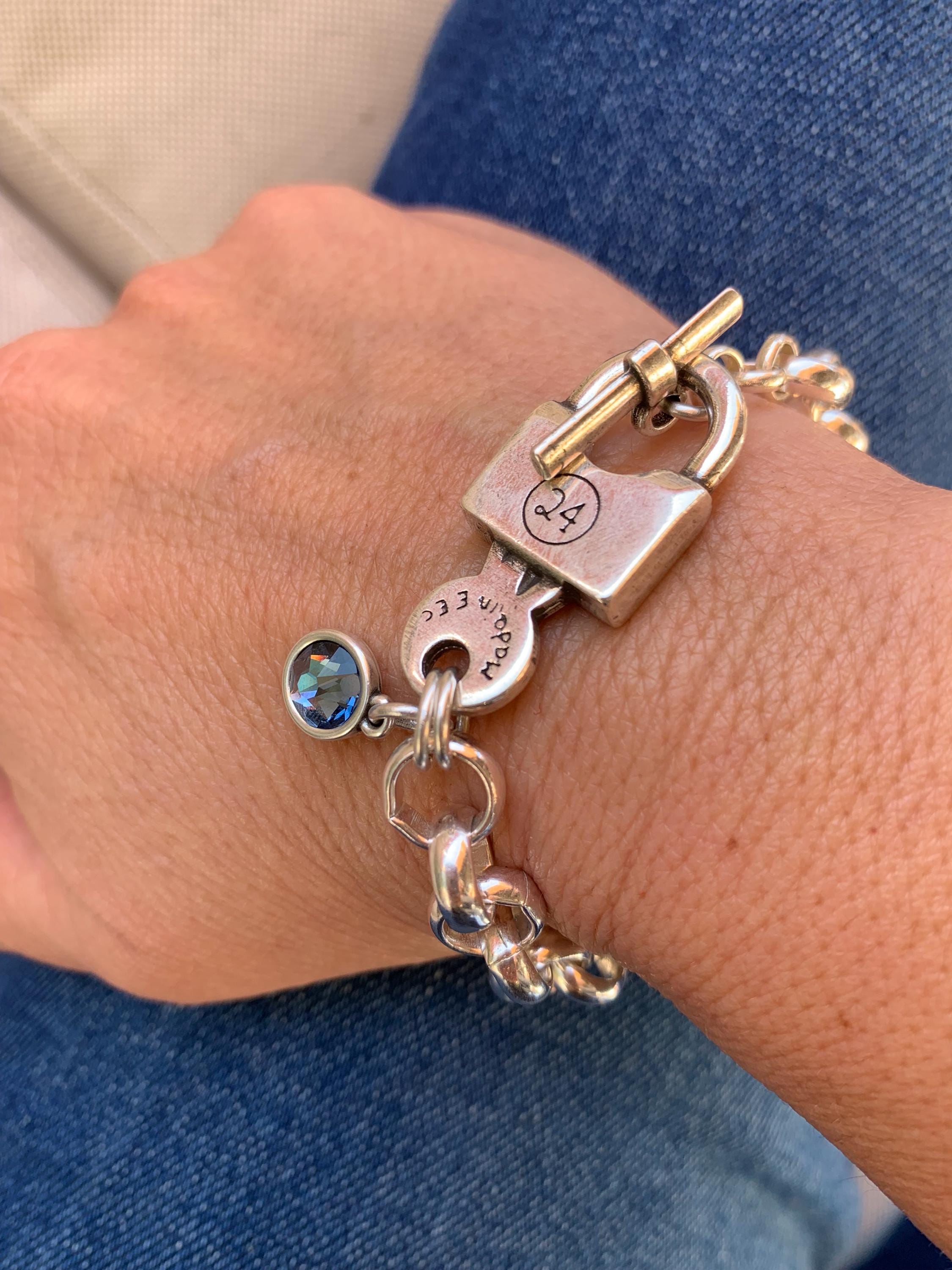 Oversized thick chain womens padlock bracelet| chunky key-lock Cuban link chain bracelet| edgy style silver curb chain cuff bracelet