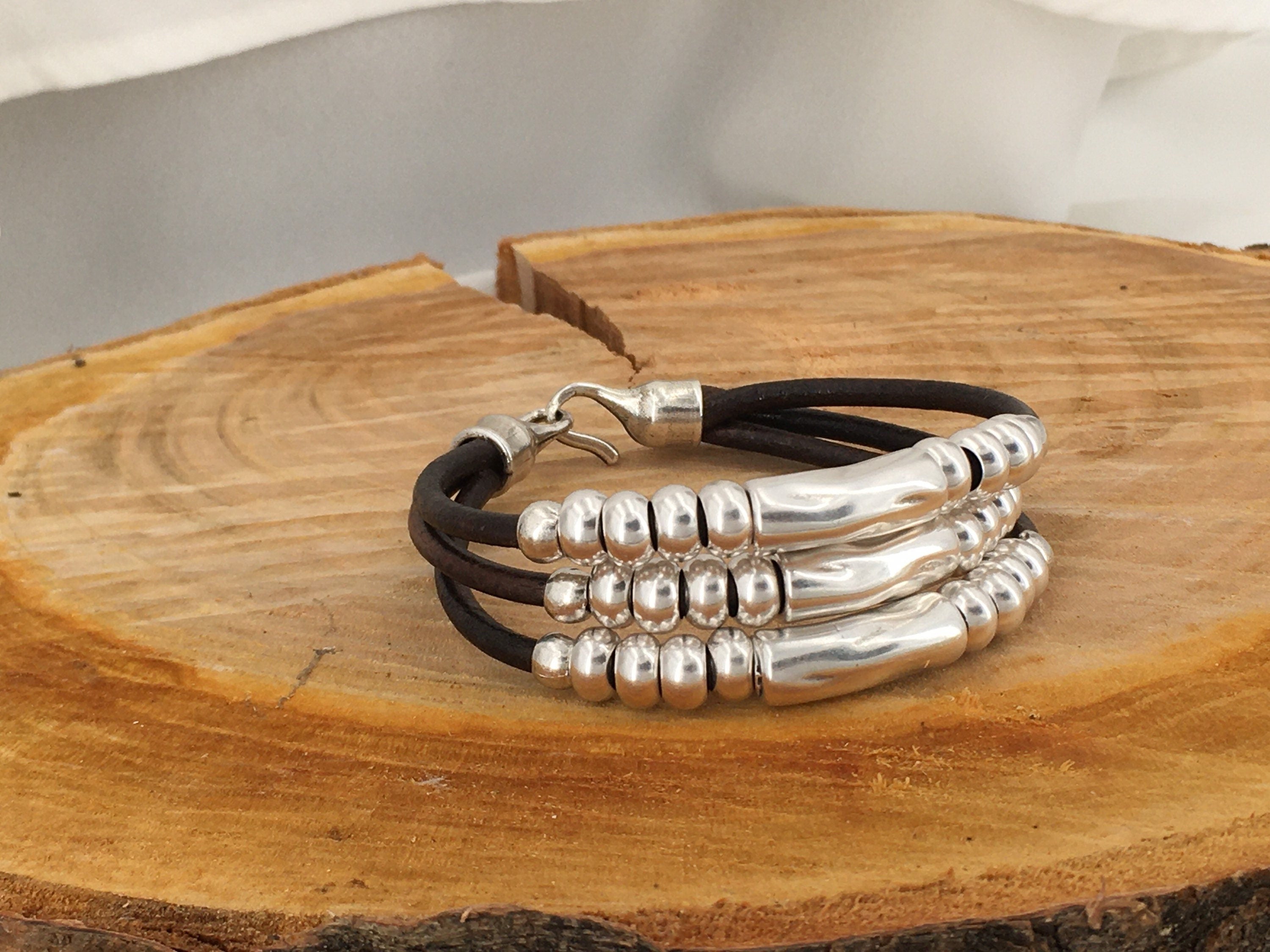 Multi strand silver and leather chunky bracelet, tubes silver leather bracelet, layering bold silver bracelet, statement bracelet, gift