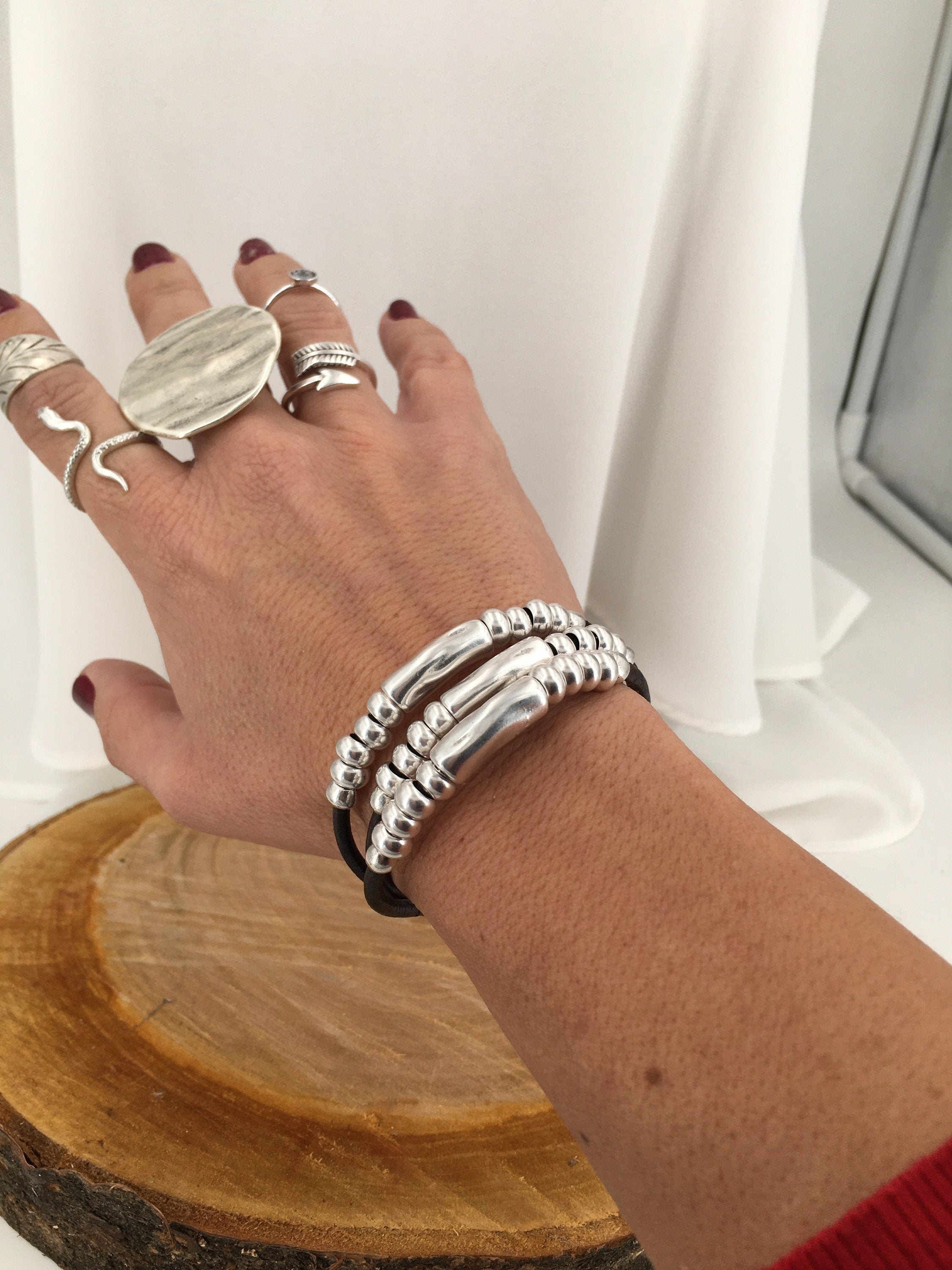 Multi strand silver and leather chunky bracelet, tubes silver leather bracelet, layering bold silver bracelet, statement bracelet, gift