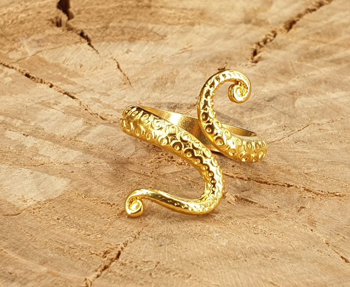 Sterling silver or 24k gold plated octopus ring, kraken wrap ring, open band adjustable kraken tentacle bohemian ring, unisex gift, modern
