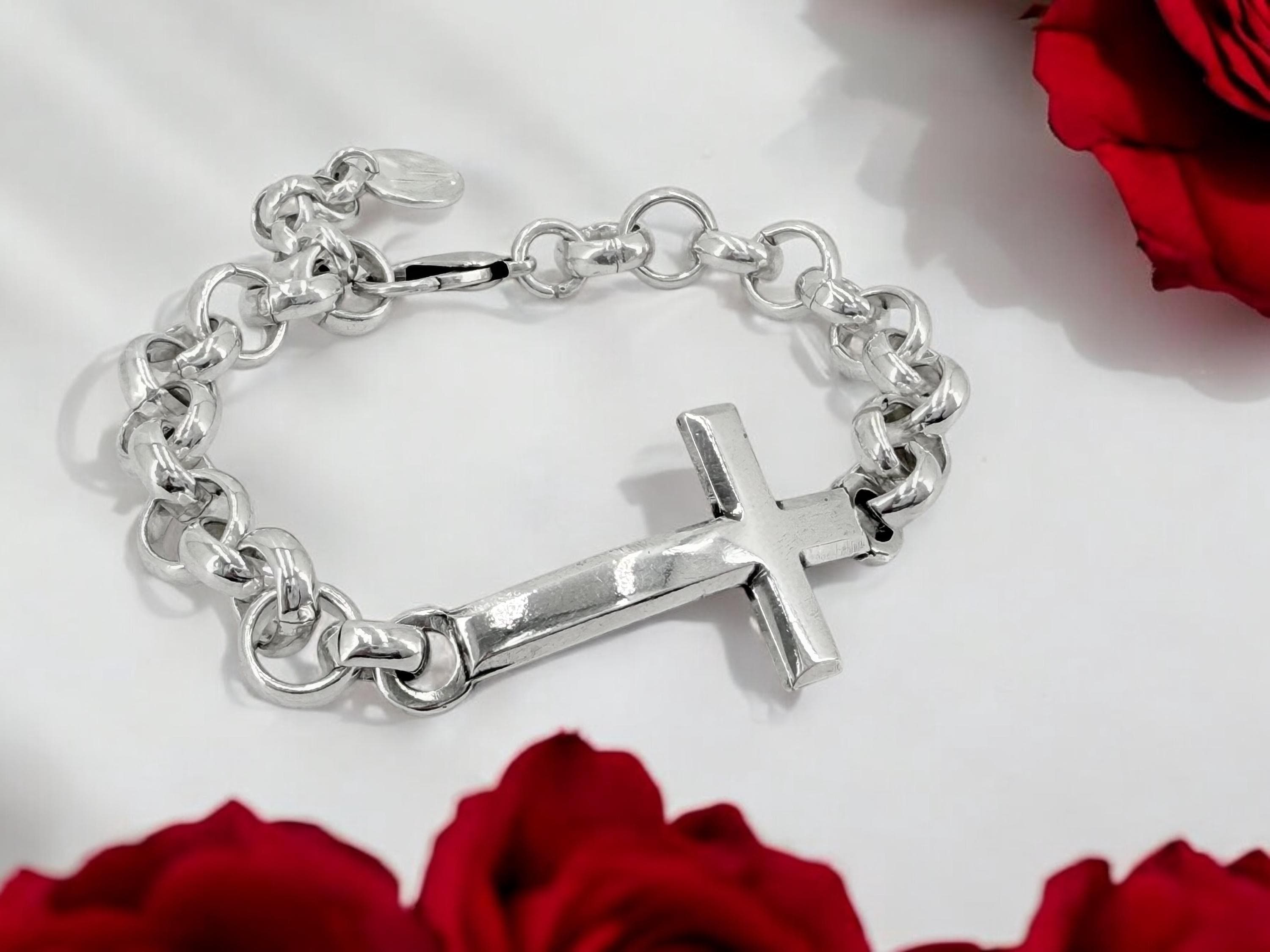 Chunky Silver chain bracelet with cross, bold link rolo bracelet, heavyweight chain bracelet, voluminous bracelet, uno de 50 style, gift