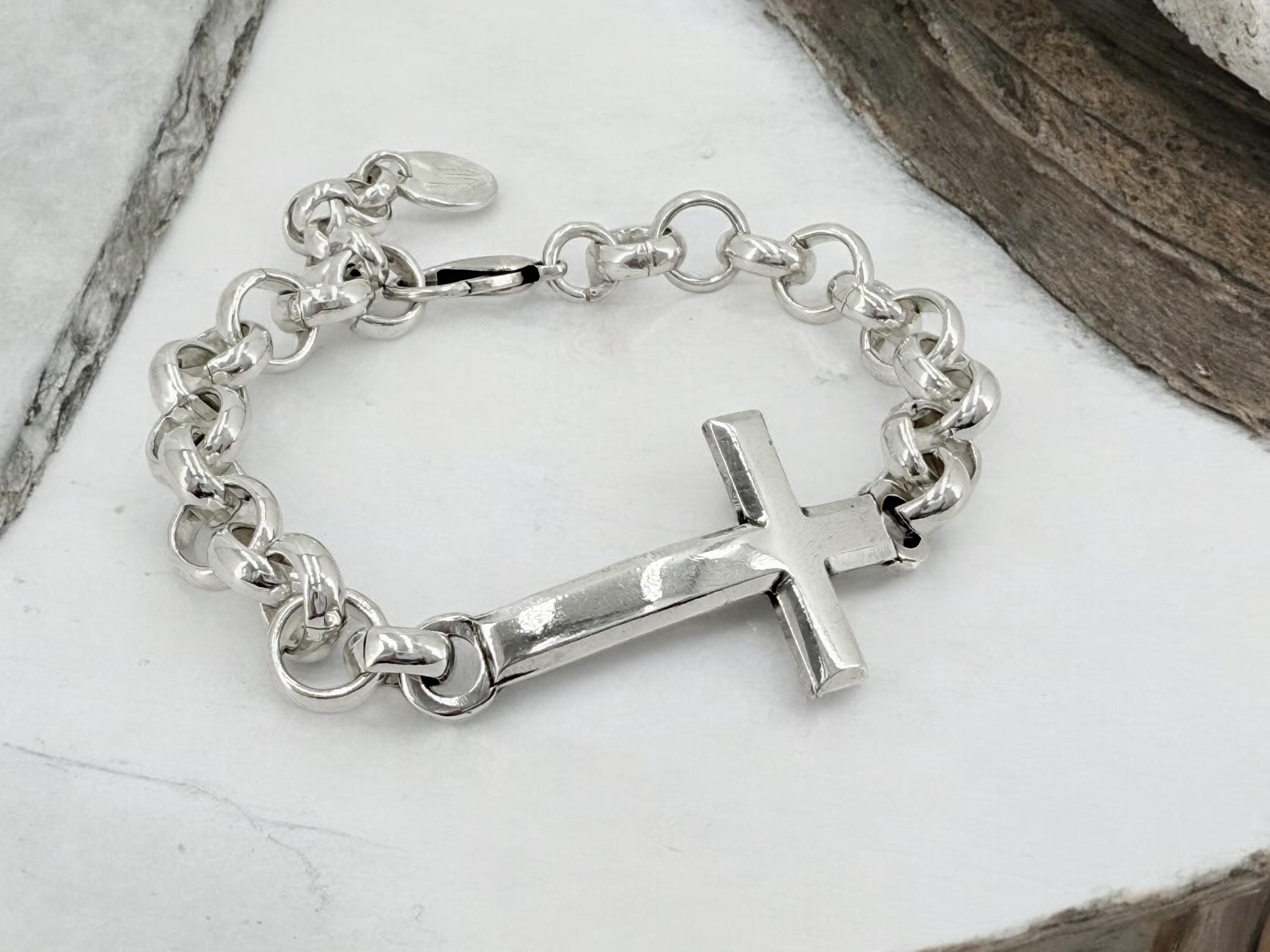 Chunky Silver chain bracelet with cross, bold link rolo bracelet, heavyweight chain bracelet, voluminous bracelet, uno de 50 style, gift