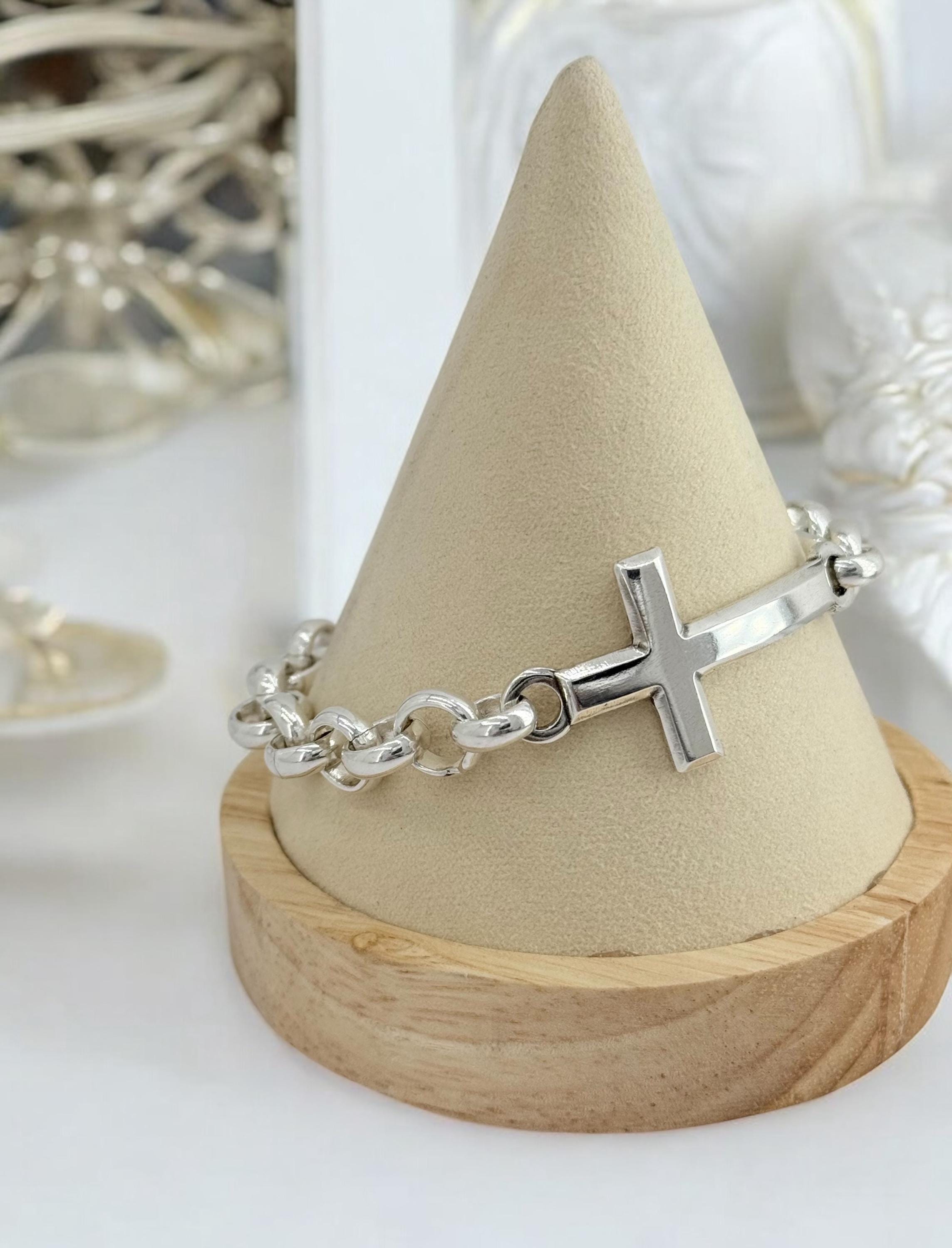 Central cross silver plated rolo chain chunky bracelet - handmade jewelry
