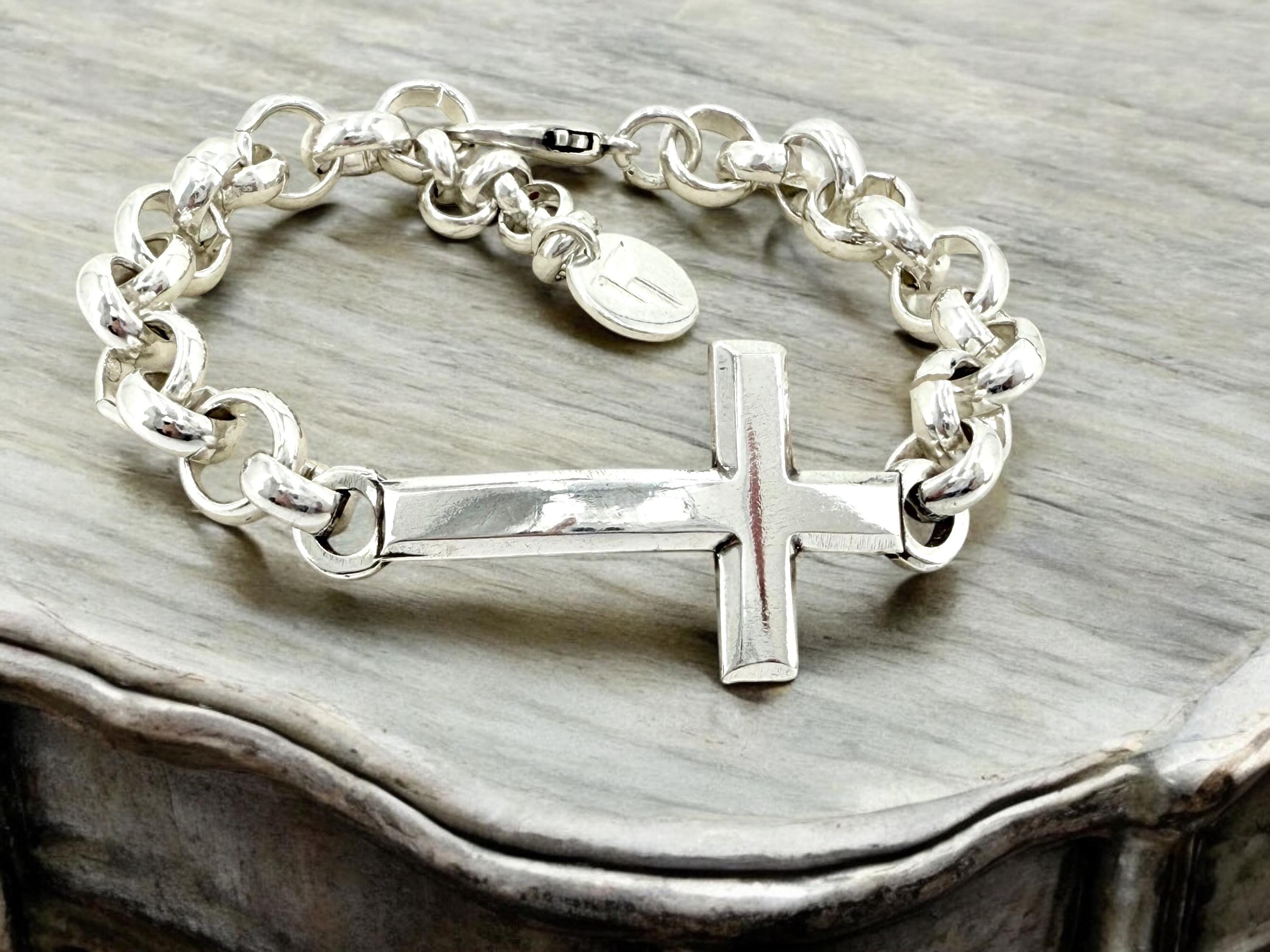 Chunky Silver chain bracelet with cross, bold link rolo bracelet, heavyweight chain bracelet, voluminous bracelet, uno de 50 style, gift