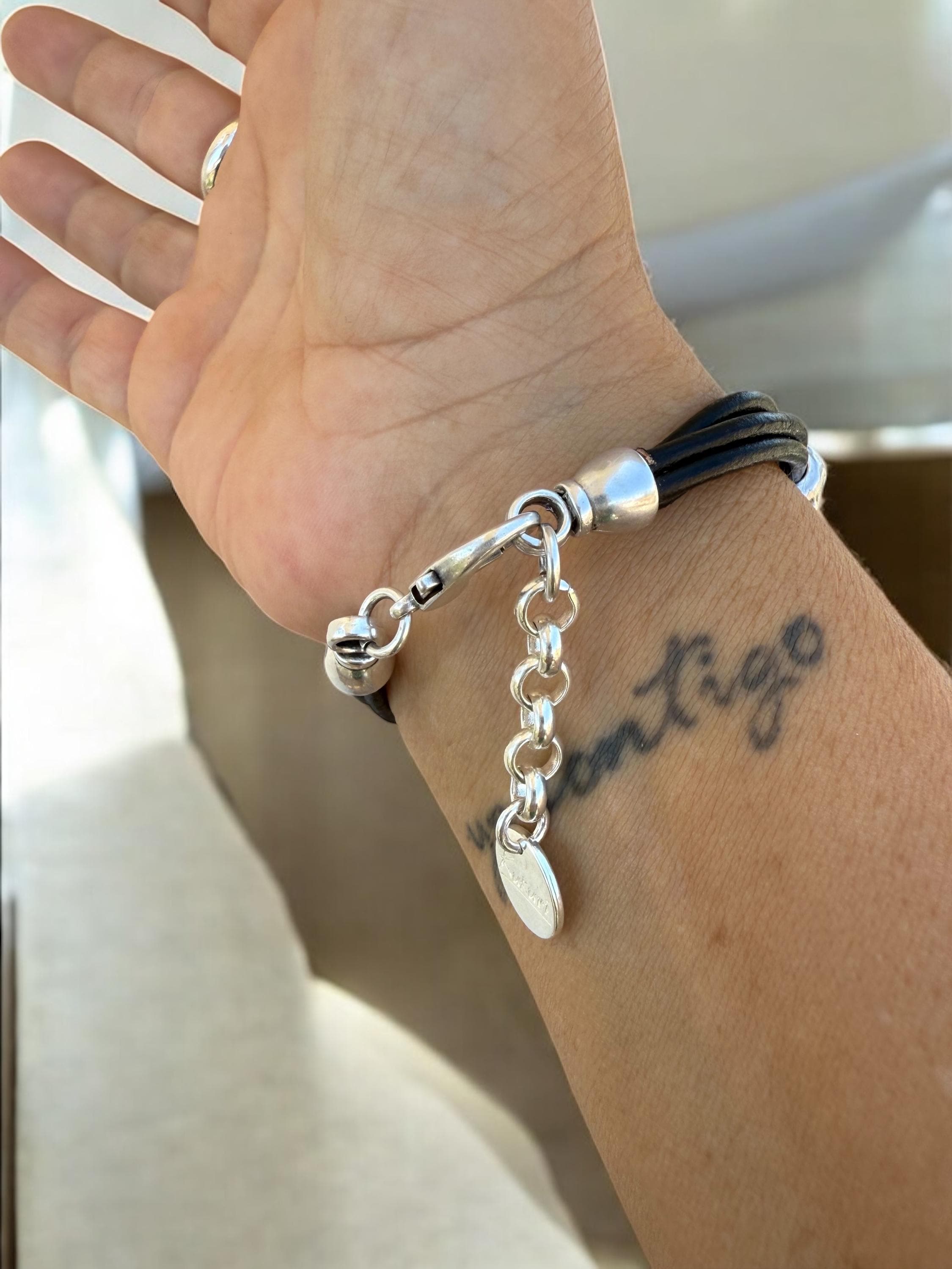 Bold Chain Link Leather Bracelet – Chunky Silver Statement Design with Adjustable Fit – Wide Boho Cuff Made to Order