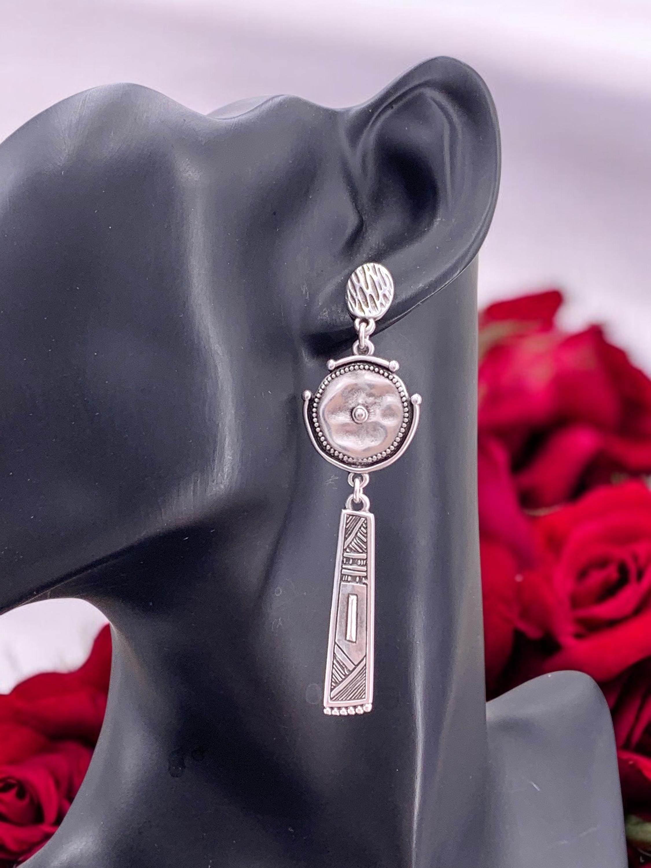 Ethnic long earrings, silver tribal earrings, statement earrings, chunky silver earrings, engraved earrings, drop earrings, dangle earrings
