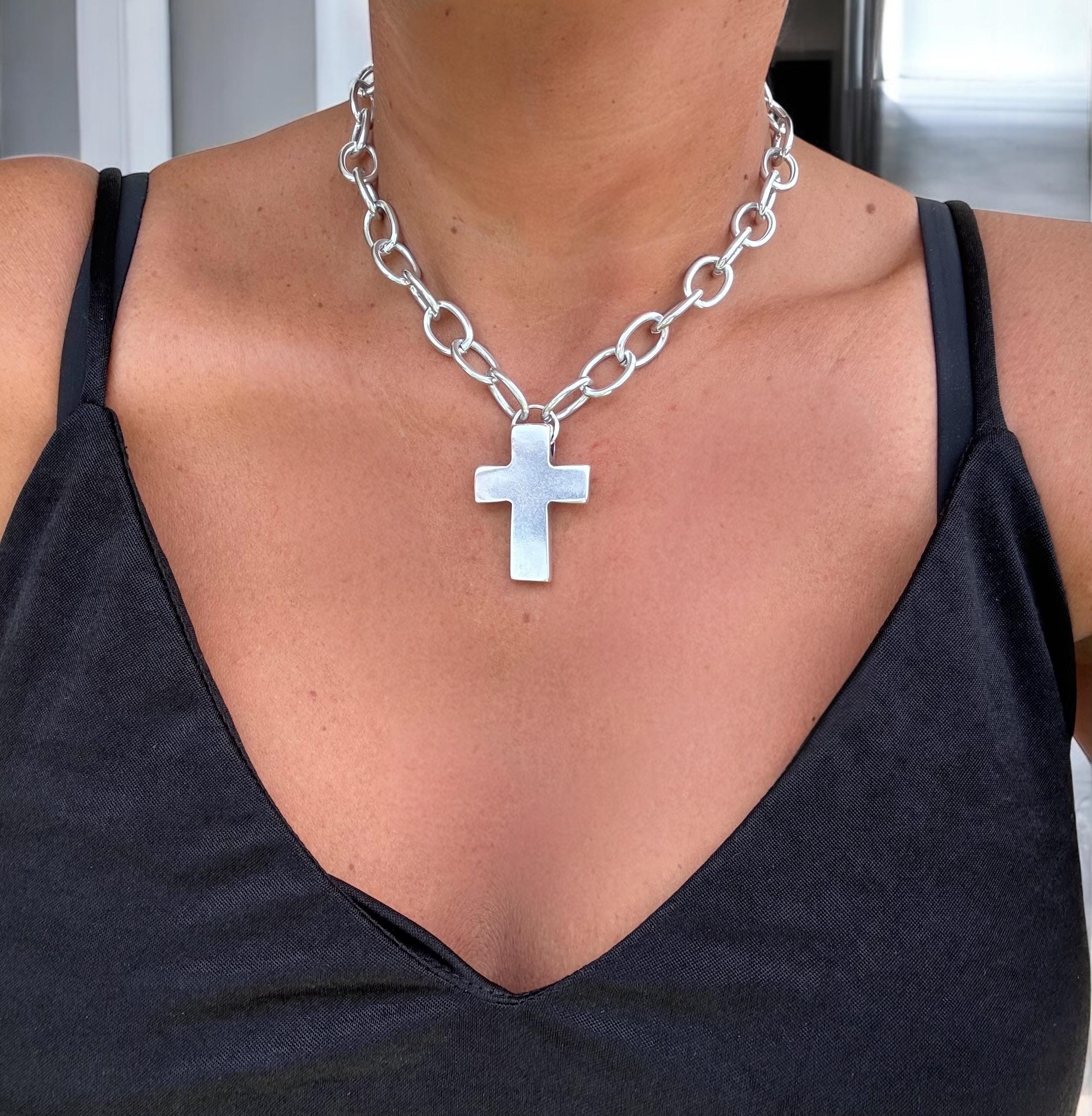 Chunky Aluminum Chain Necklace: Silver Cross Pendant, Lightweight Bold Statement