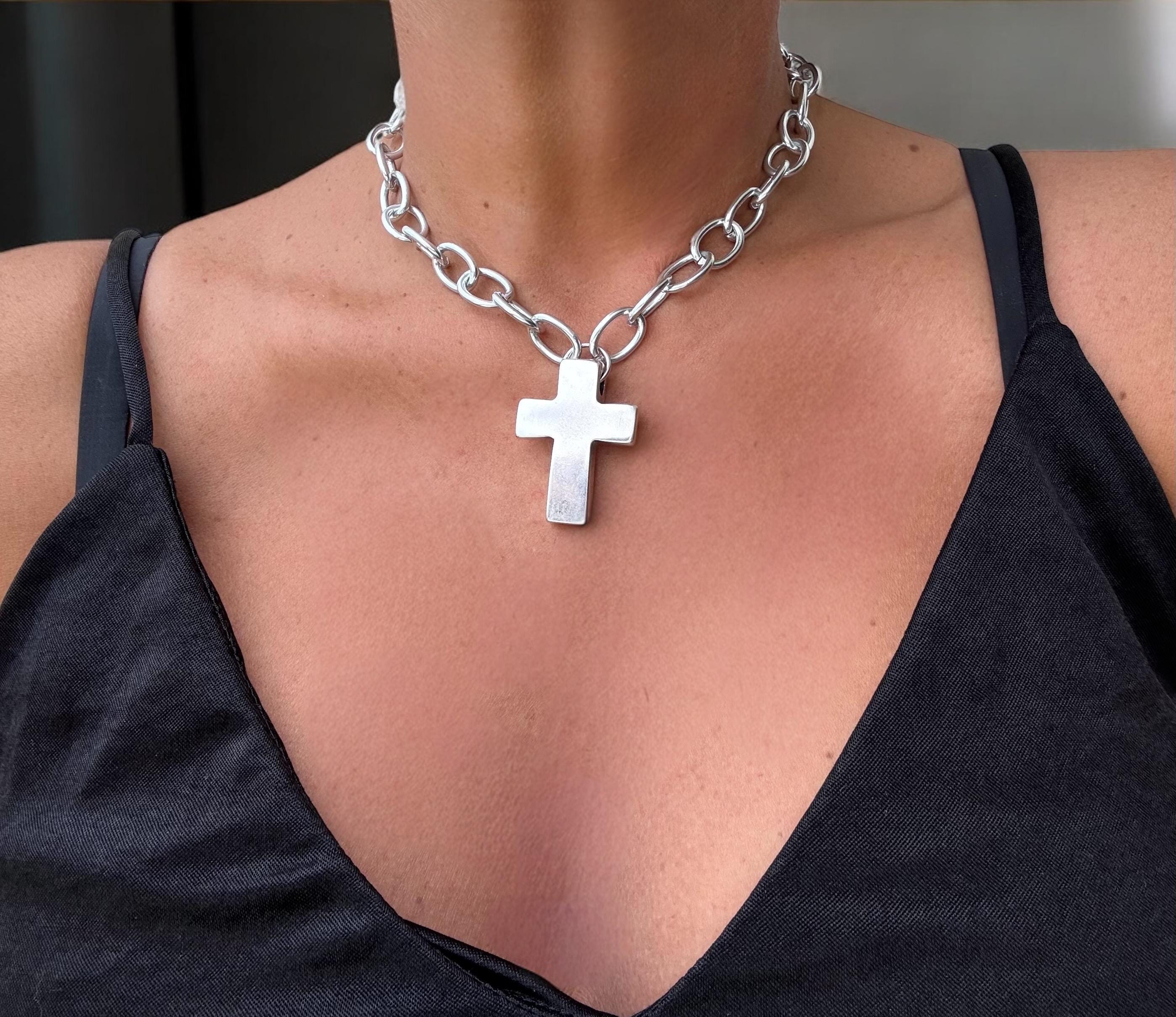 Chunky Aluminum Chain Necklace: Silver Cross Pendant, Lightweight Bold Statement
