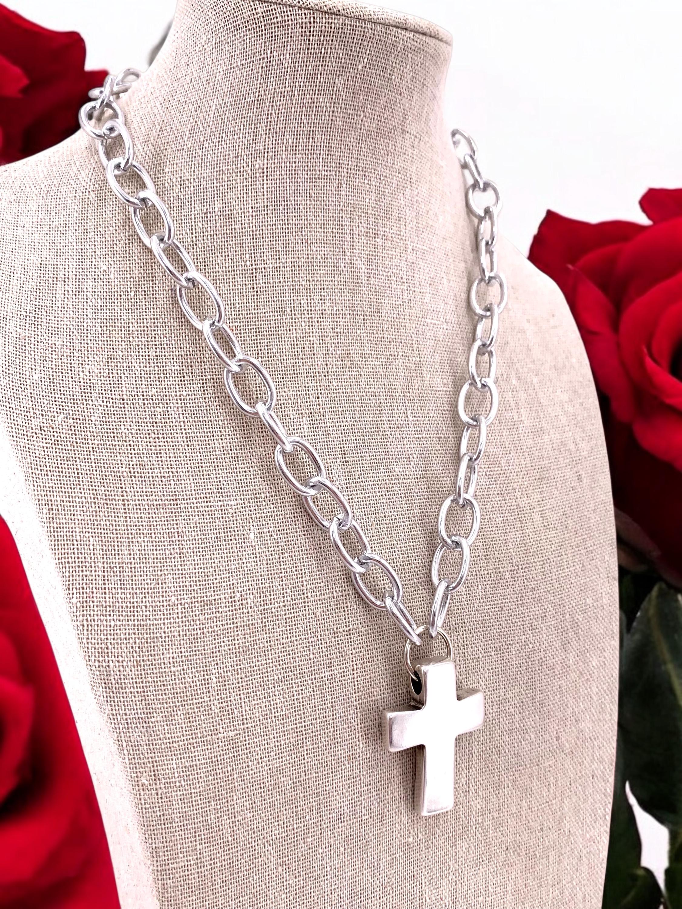 Chunky Aluminum Chain Necklace: Silver Cross Pendant, Lightweight Bold Statement