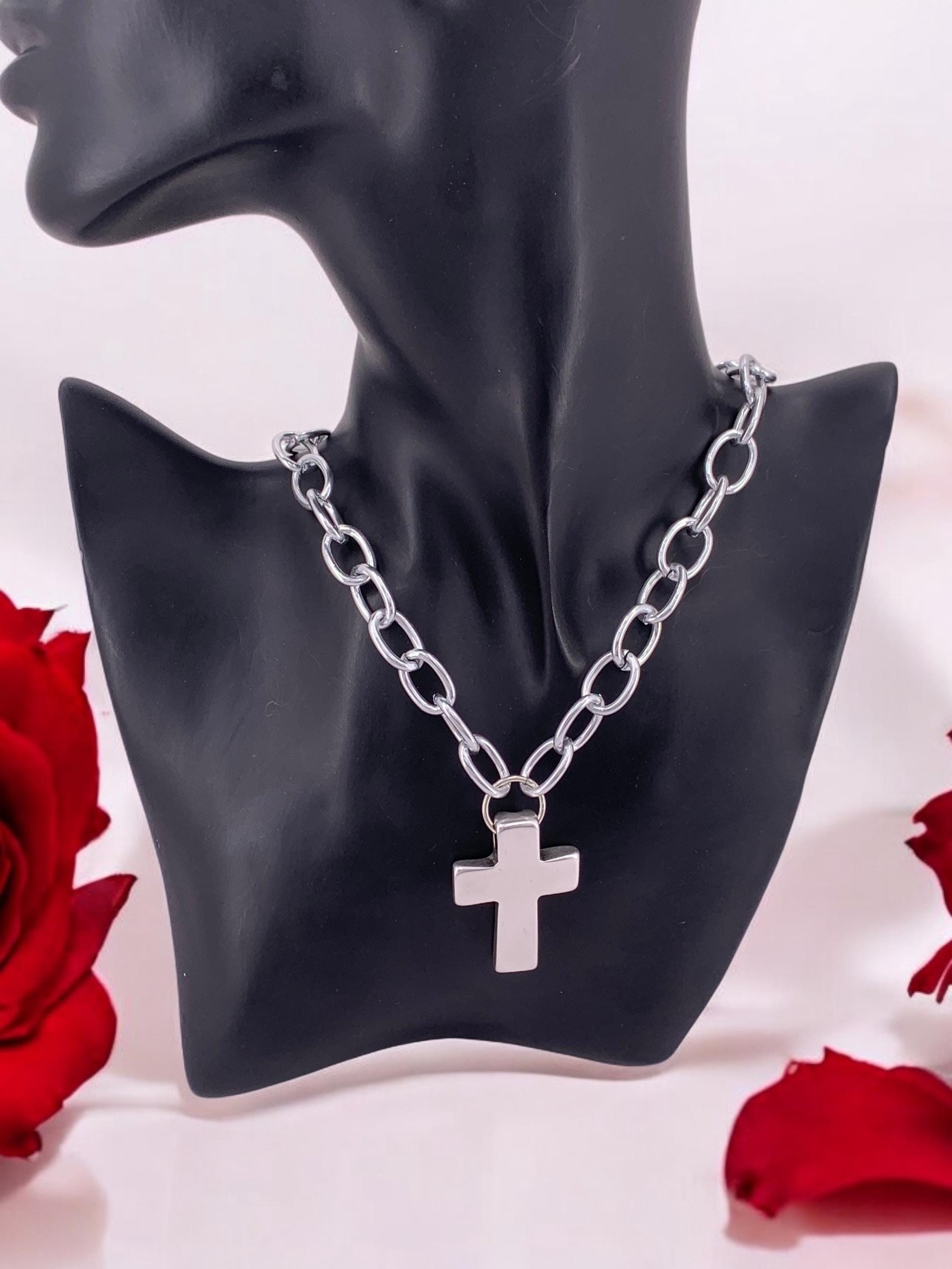 Chunky Aluminum Chain Necklace: Silver Cross Pendant, Lightweight Bold Statement