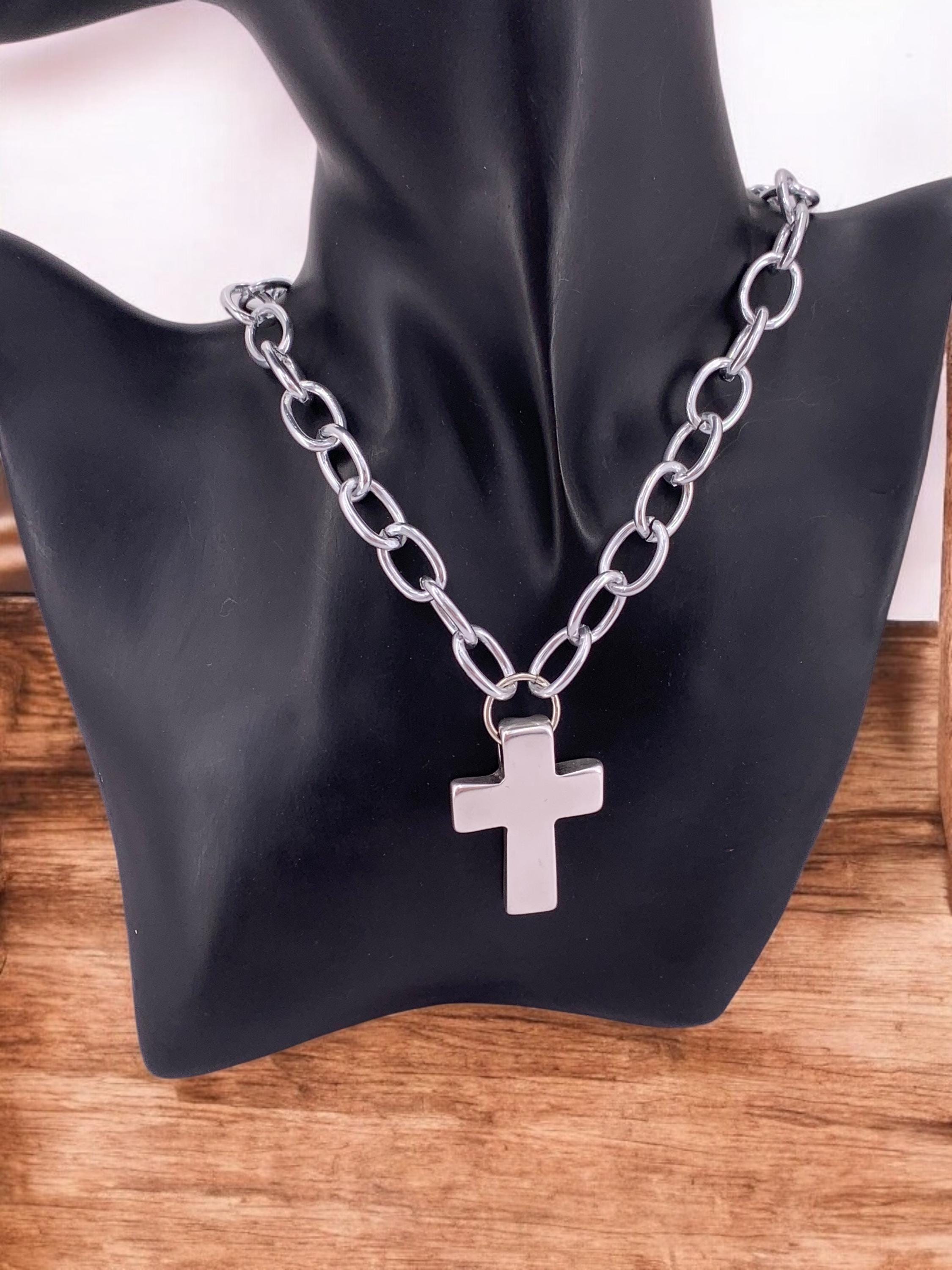 Chunky Aluminum Chain Necklace: Silver Cross Pendant, Lightweight Bold Statement