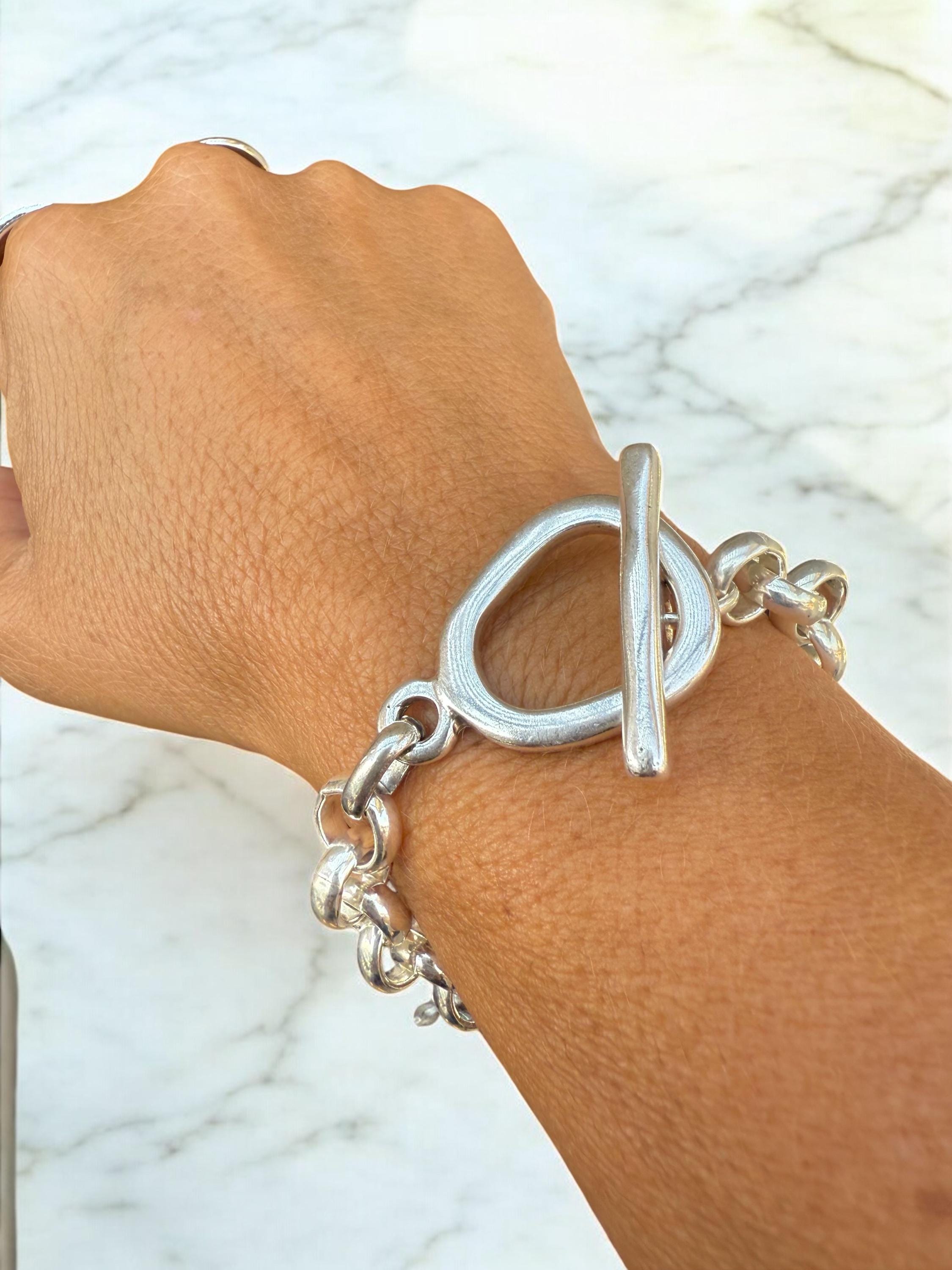 Chunky Silver Chain Bracelet – 10 mm Solid shiny Links – Toggle Clasp – Heavyweight Statement Jewelry – Uno de 50 Inspired – Custom Fit Gift