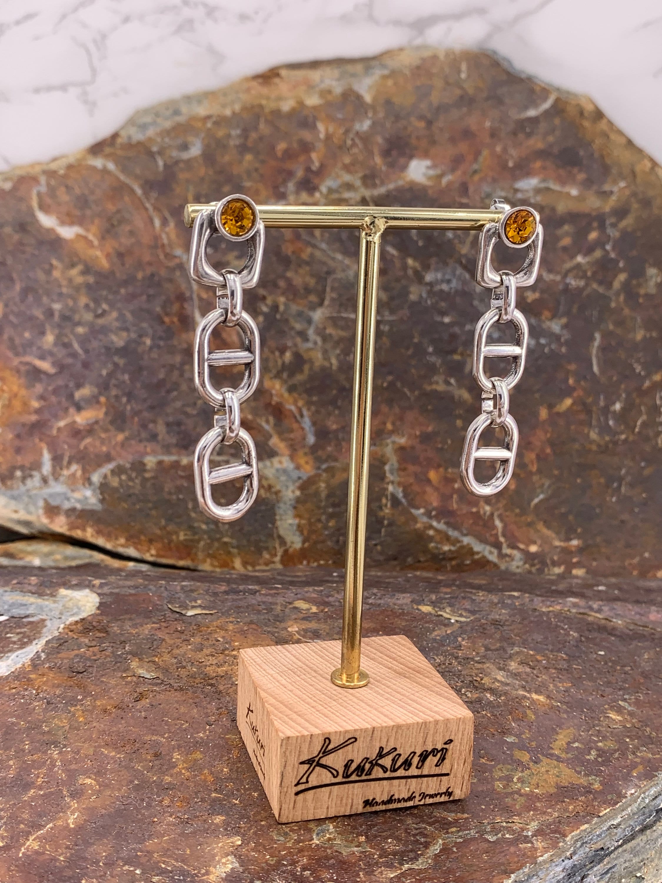 Chunky Silver Chain Dangle Earrings with Amber Swarovski Crystal – Bold Statement Drop – Exclusive Kukuri Design - ideal gift for women