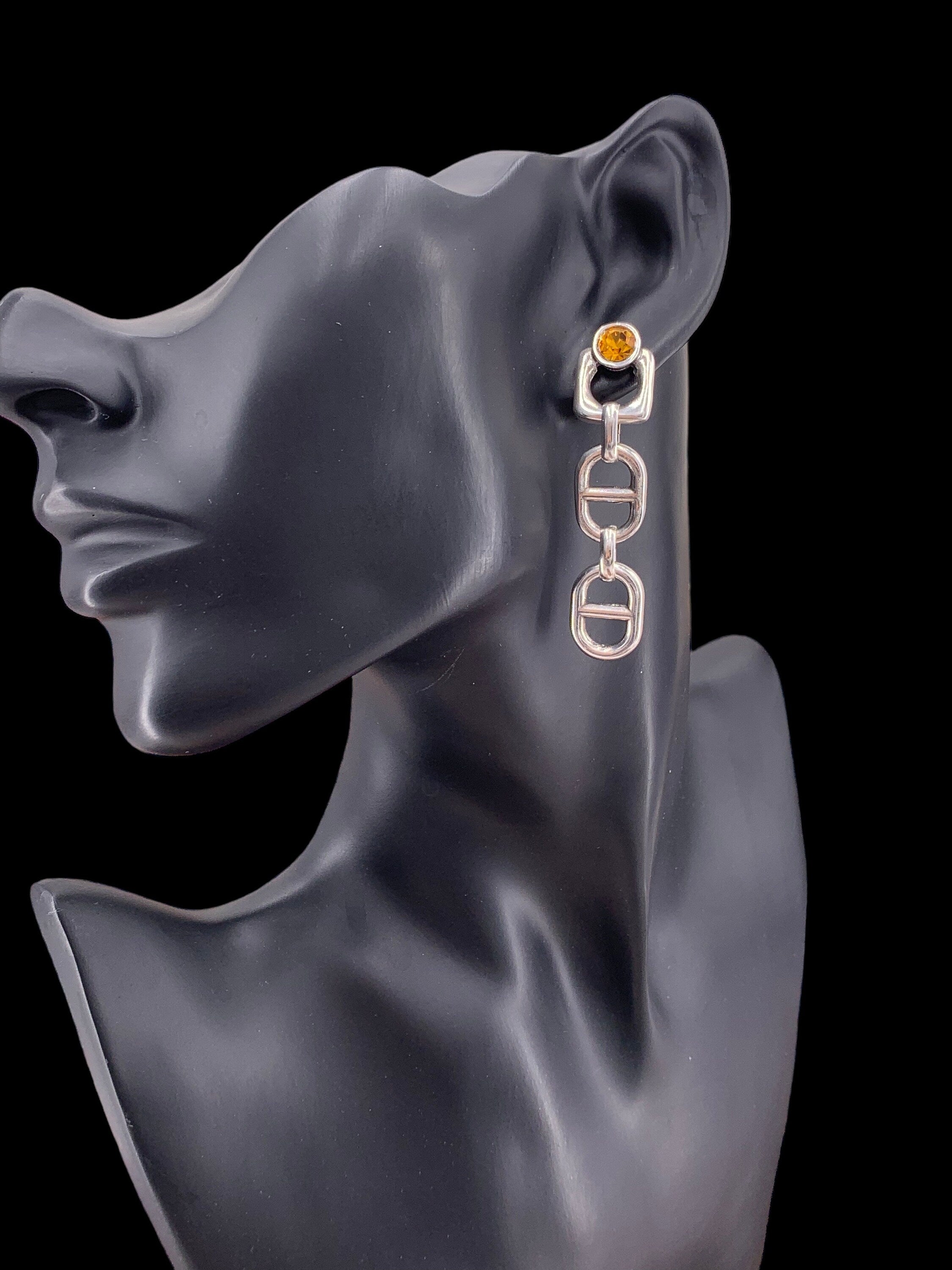 Chunky Silver Chain Dangle Earrings with Amber Swarovski Crystal – Bold Statement Drop – Exclusive Kukuri Design - ideal gift for women