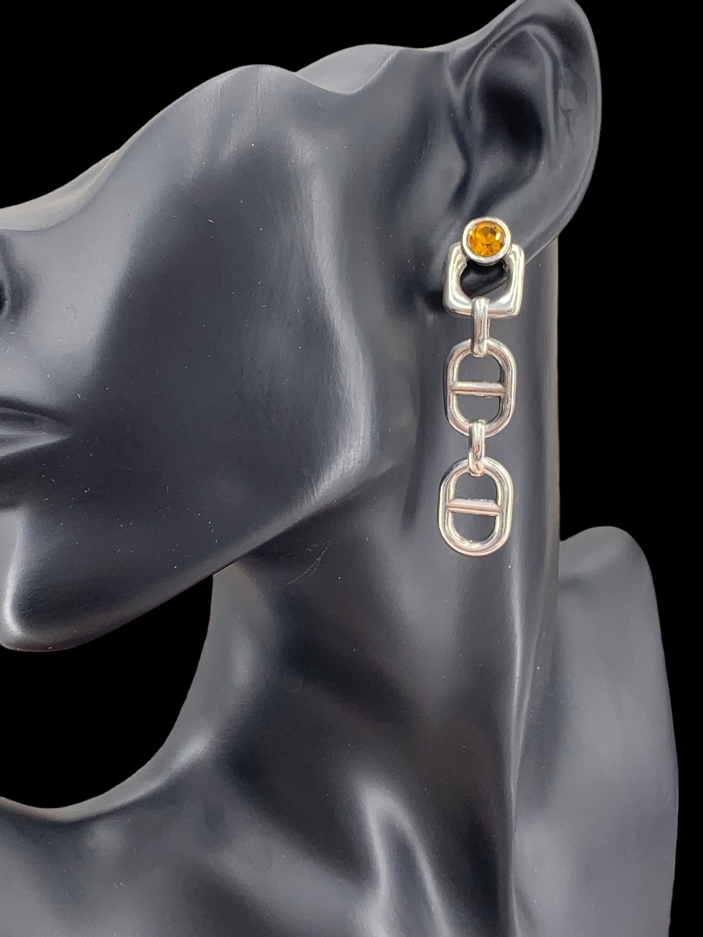 Chunky Silver Chain Dangle Earrings with Amber Swarovski Crystal – Bold Statement Drop – Exclusive Kukuri Design - ideal gift for women