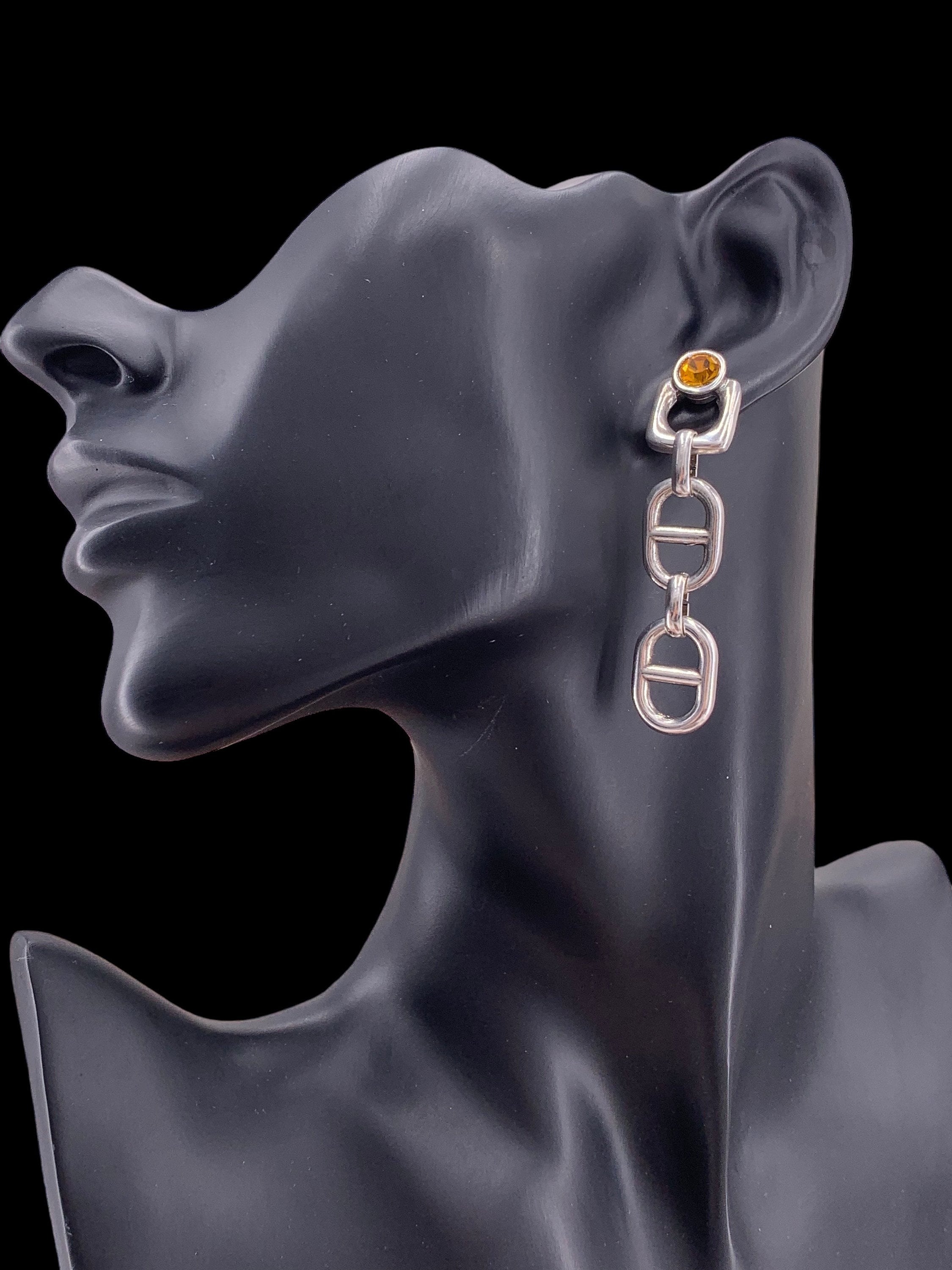 Chunky Silver Chain Dangle Earrings with Amber Swarovski Crystal – Bold Statement Drop – Exclusive Kukuri Design - ideal gift for women