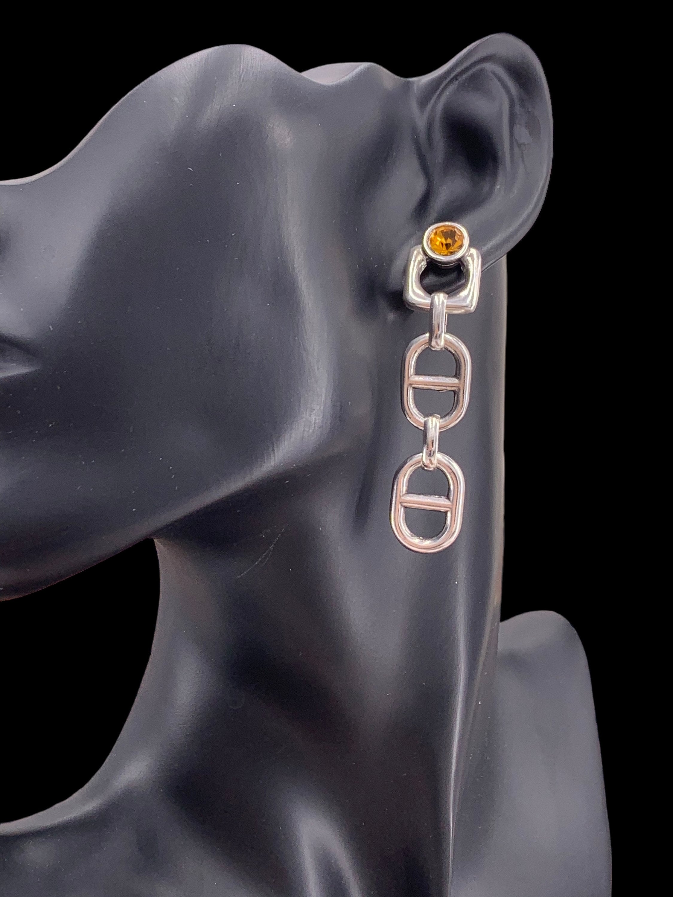 Chunky Silver Chain Dangle Earrings with Amber Swarovski Crystal – Bold Statement Drop – Exclusive Kukuri Design - ideal gift for women