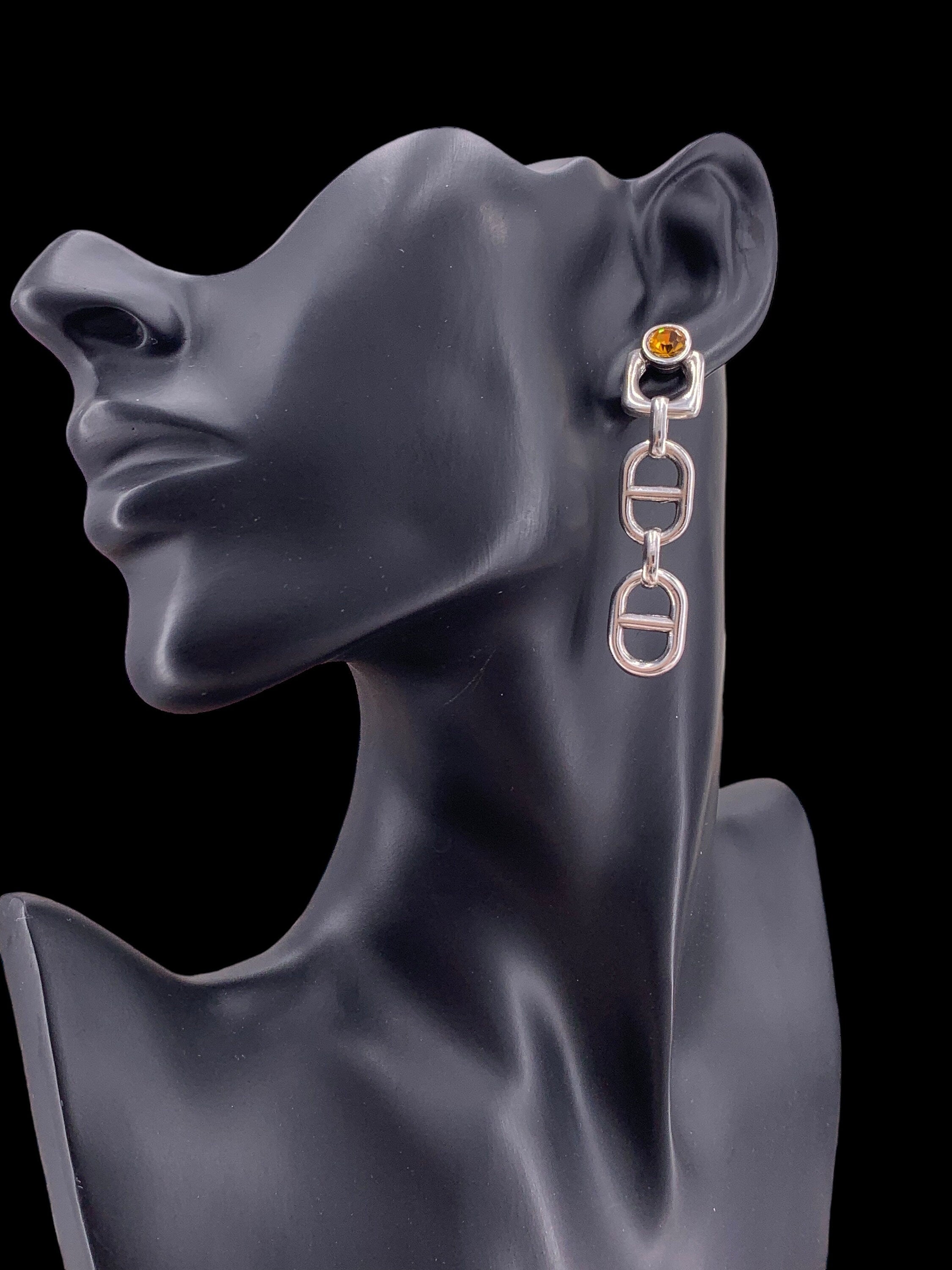 Chunky Silver Chain Dangle Earrings with Amber Swarovski Crystal – Bold Statement Drop – Exclusive Kukuri Design - ideal gift for women