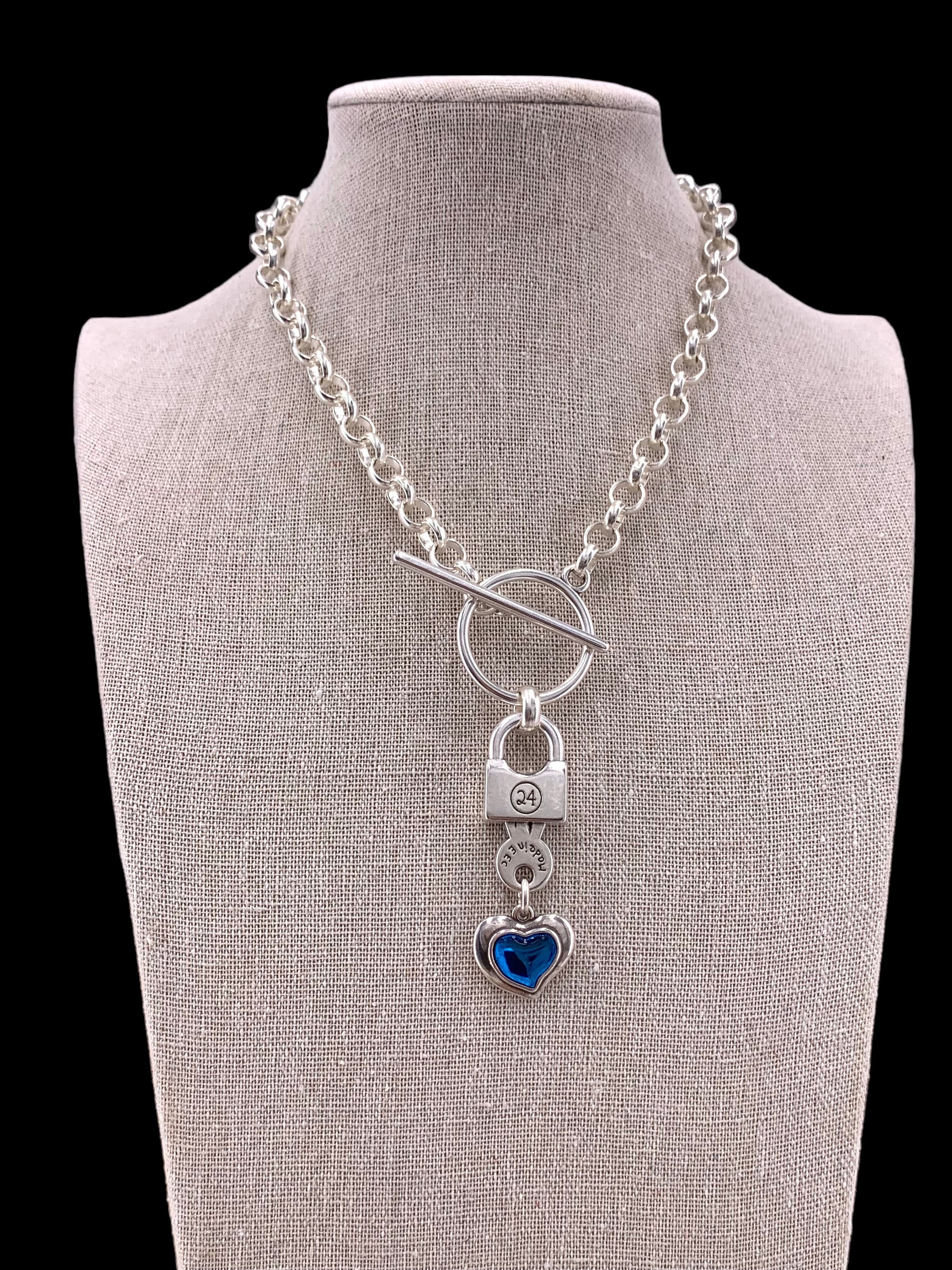 Chunky Silver Rolo Chain Necklace with Blue Heart & Padlock Pendant – Bold Toggle Clasp Statement Jewelry - handmade gift for girlfriend-