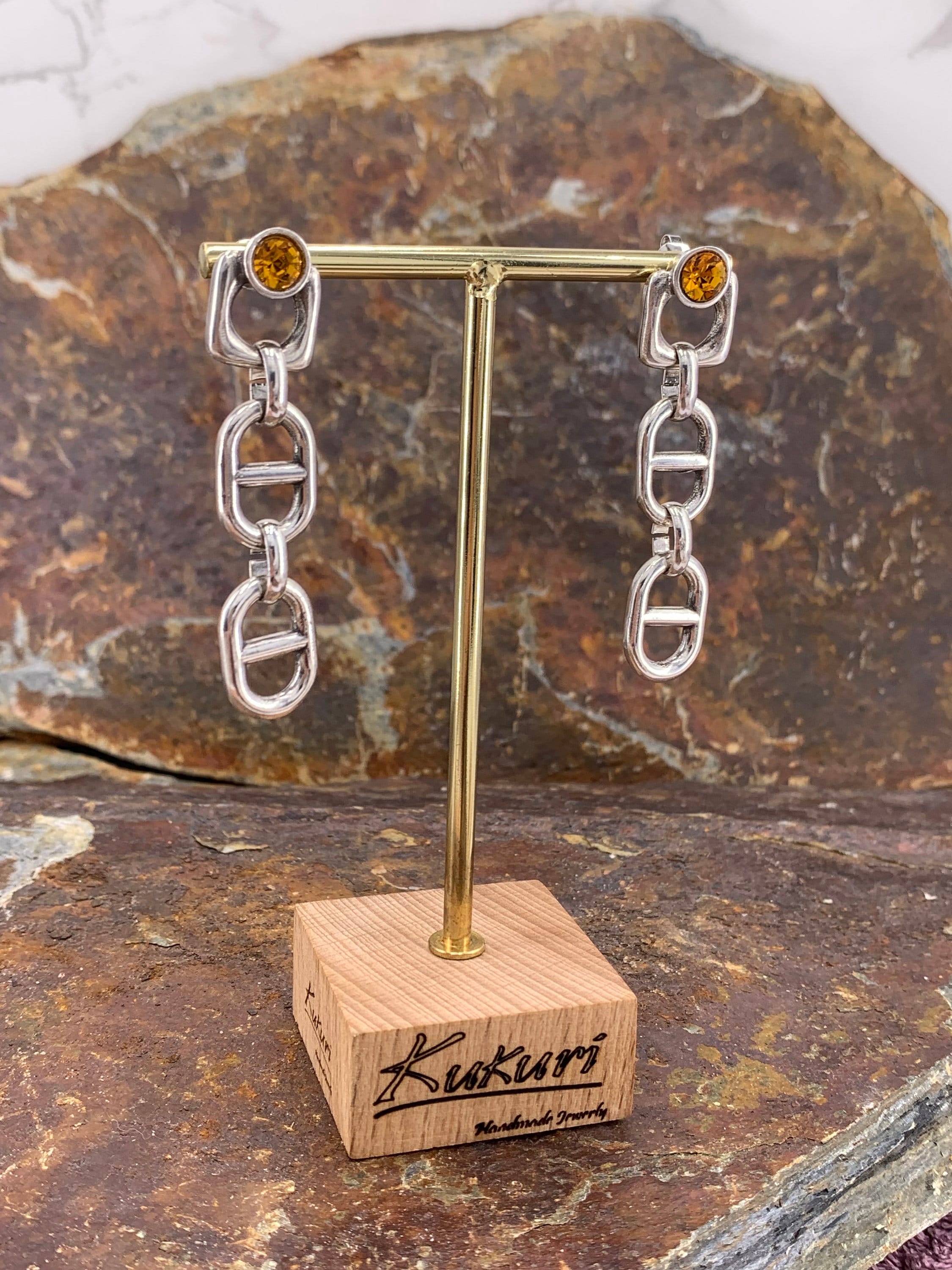 Chunky Silver Chain Dangle Earrings with Amber Swarovski Crystal – Bold Statement Drop – Exclusive Kukuri Design - ideal gift for women