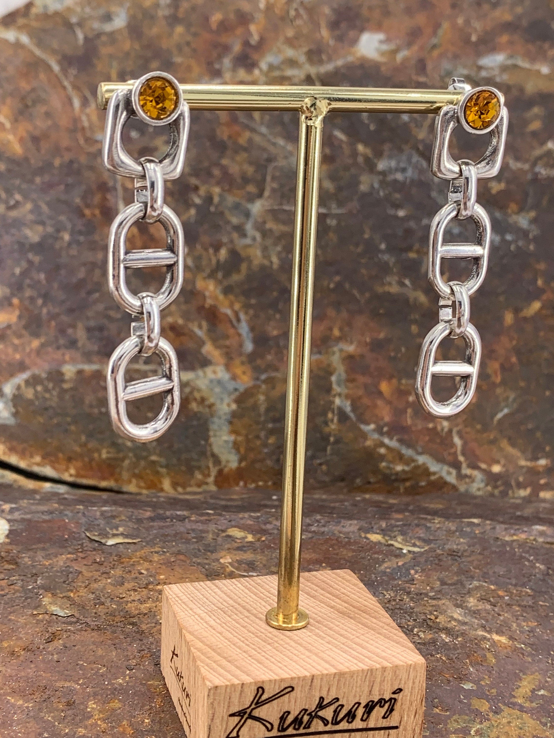 Chunky Silver Chain Dangle Earrings with Amber Swarovski Crystal – Bold Statement Drop – Exclusive Kukuri Design - ideal gift for women