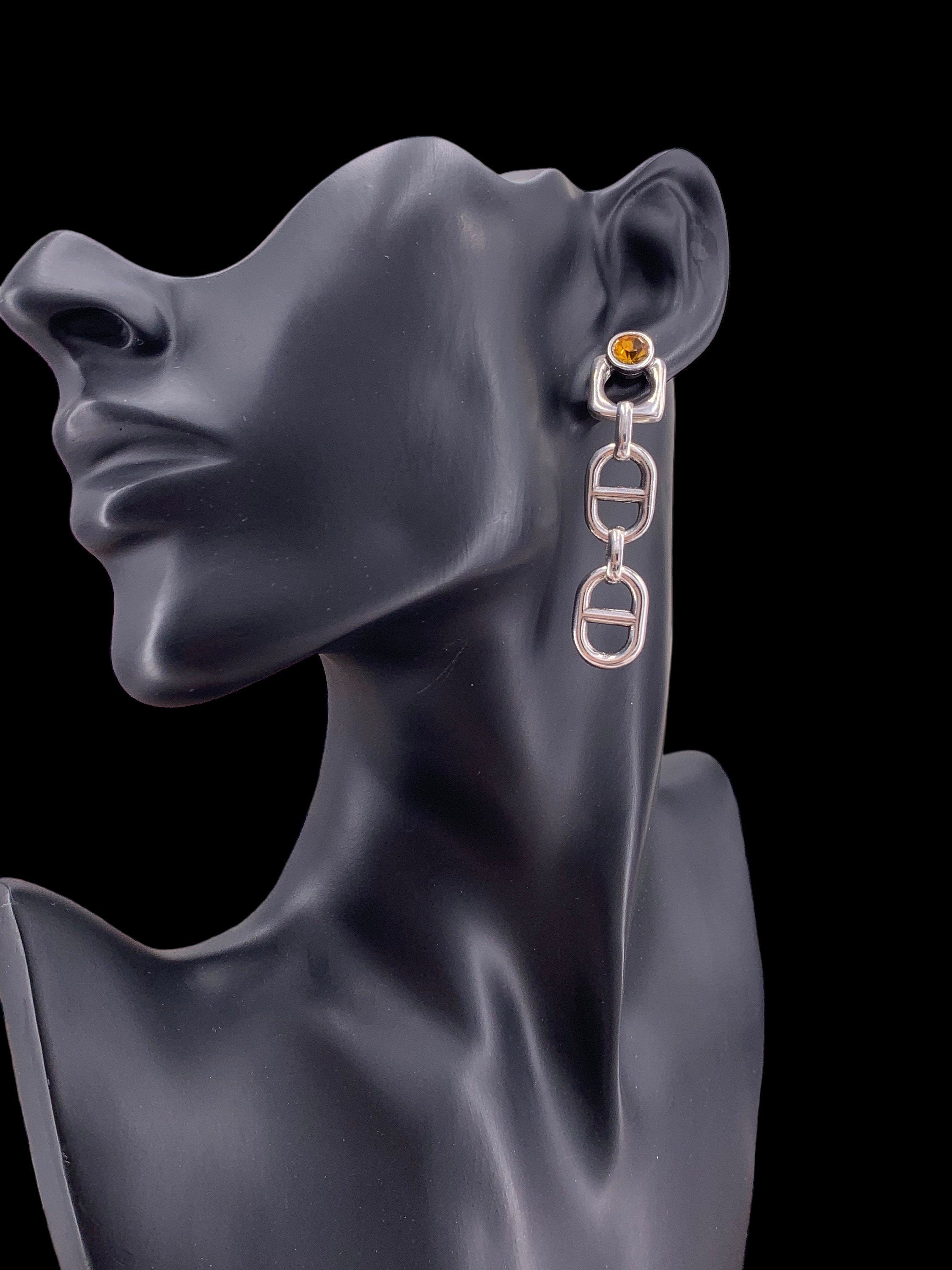 Chunky Silver Chain Dangle Earrings with Amber Swarovski Crystal – Bold Statement Drop – Exclusive Kukuri Design - ideal gift for women