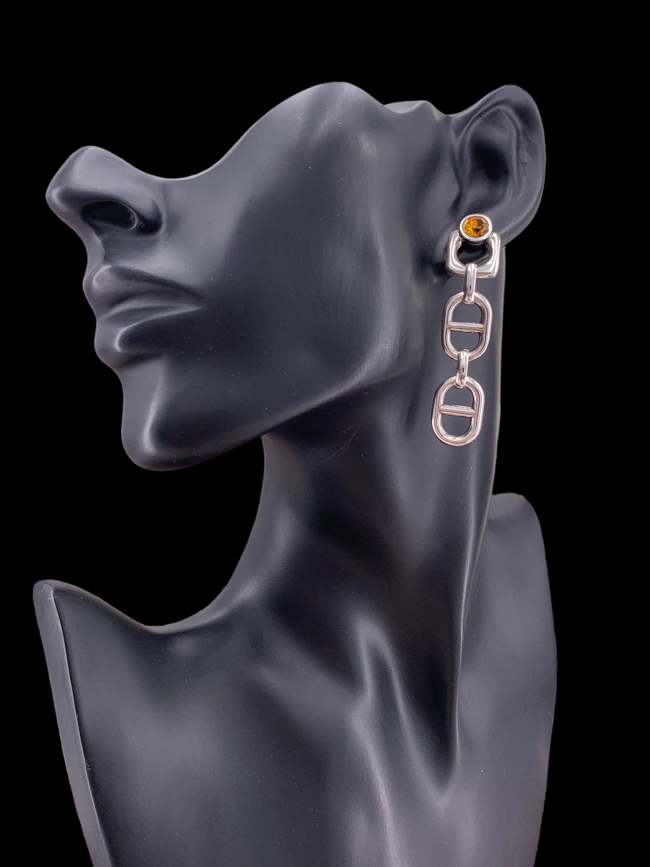 Chunky Silver Chain Dangle Earrings with Amber Swarovski Crystal – Bold Statement Drop – Exclusive Kukuri Design - ideal gift for women