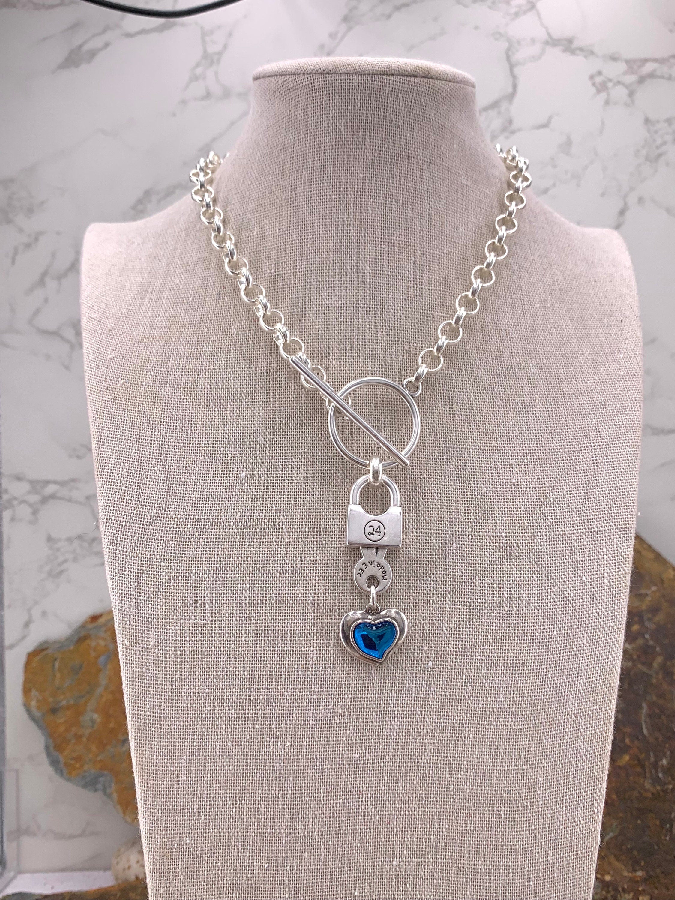 Chunky Silver Rolo Chain Necklace with Blue Heart & Padlock Pendant – Bold Toggle Clasp Statement Jewelry - handmade gift for girlfriend-