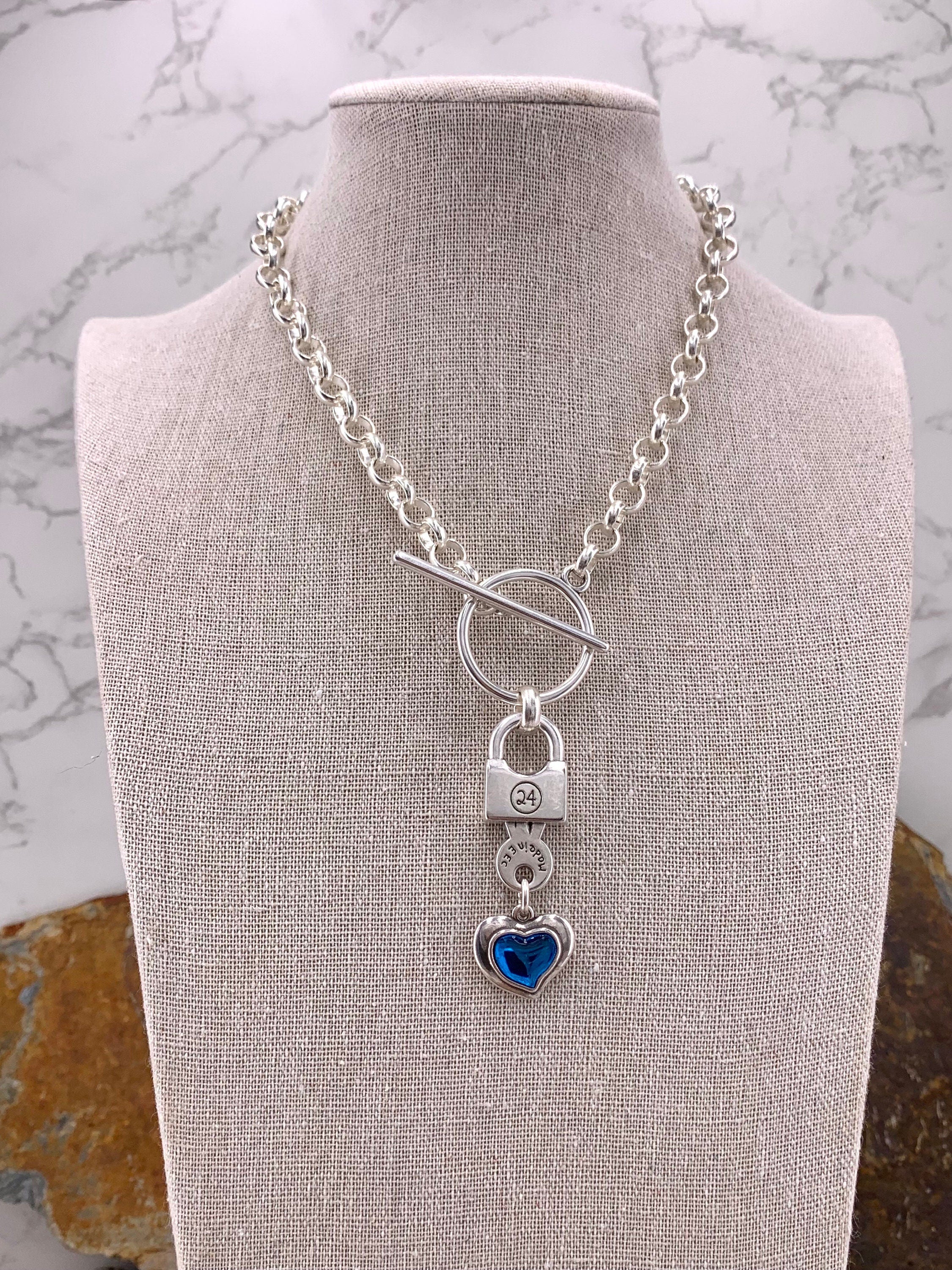 Chunky Silver Rolo Chain Necklace with Blue Heart & Padlock Pendant – Bold Toggle Clasp Statement Jewelry - handmade gift for girlfriend-