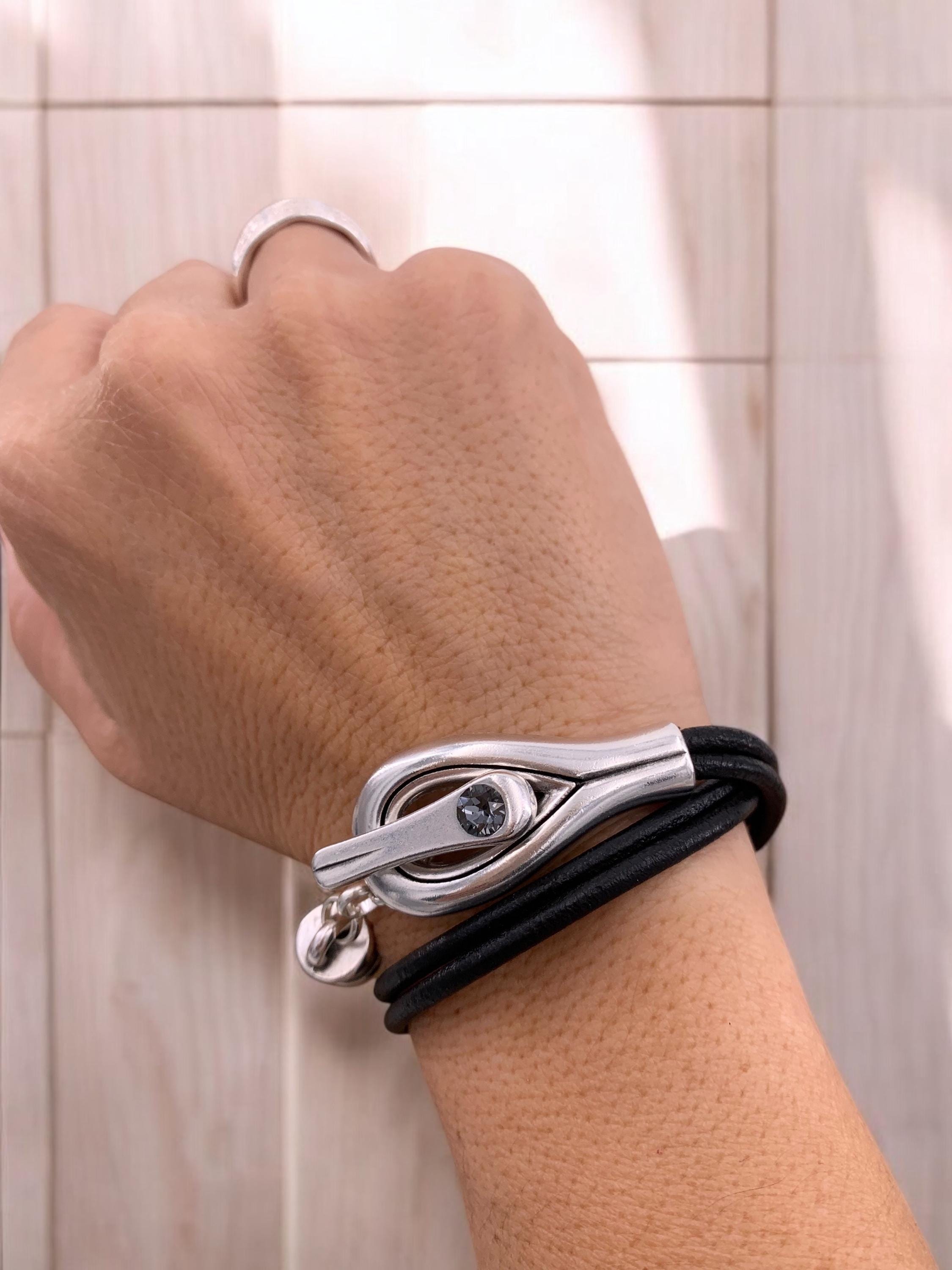 Leather and silver toggle clasp bracelet, wrap leather bracelet, Swarovski bracelet, bohemian silver bracelet, uno de 50 style, gift for her