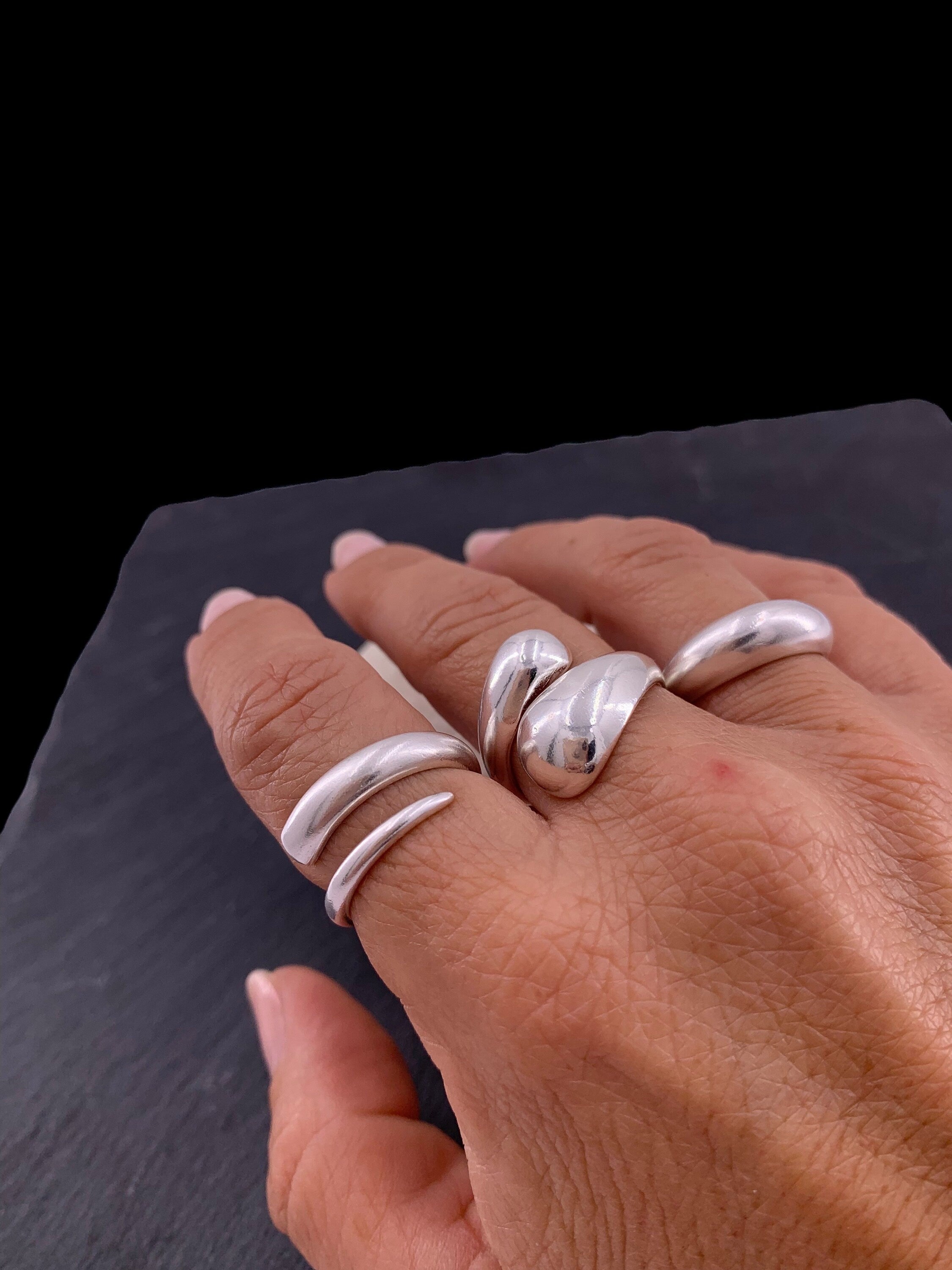 Drop shaped silver ring, dome ring, chunky silver ring, open band bulky ring, voluminous ring, oversized ring, bold double band ring,