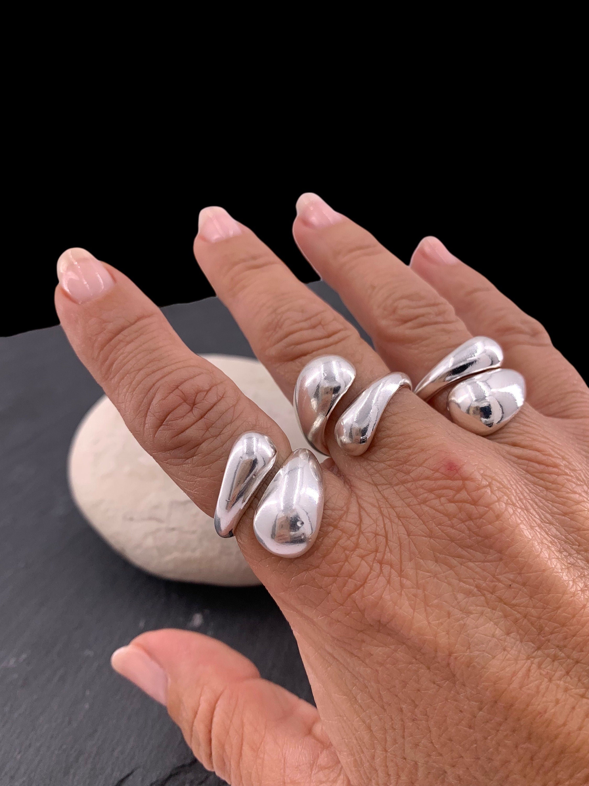 Drop shaped silver ring, dome ring, chunky silver ring, open band bulky ring, voluminous ring, oversized ring, bold double band ring,