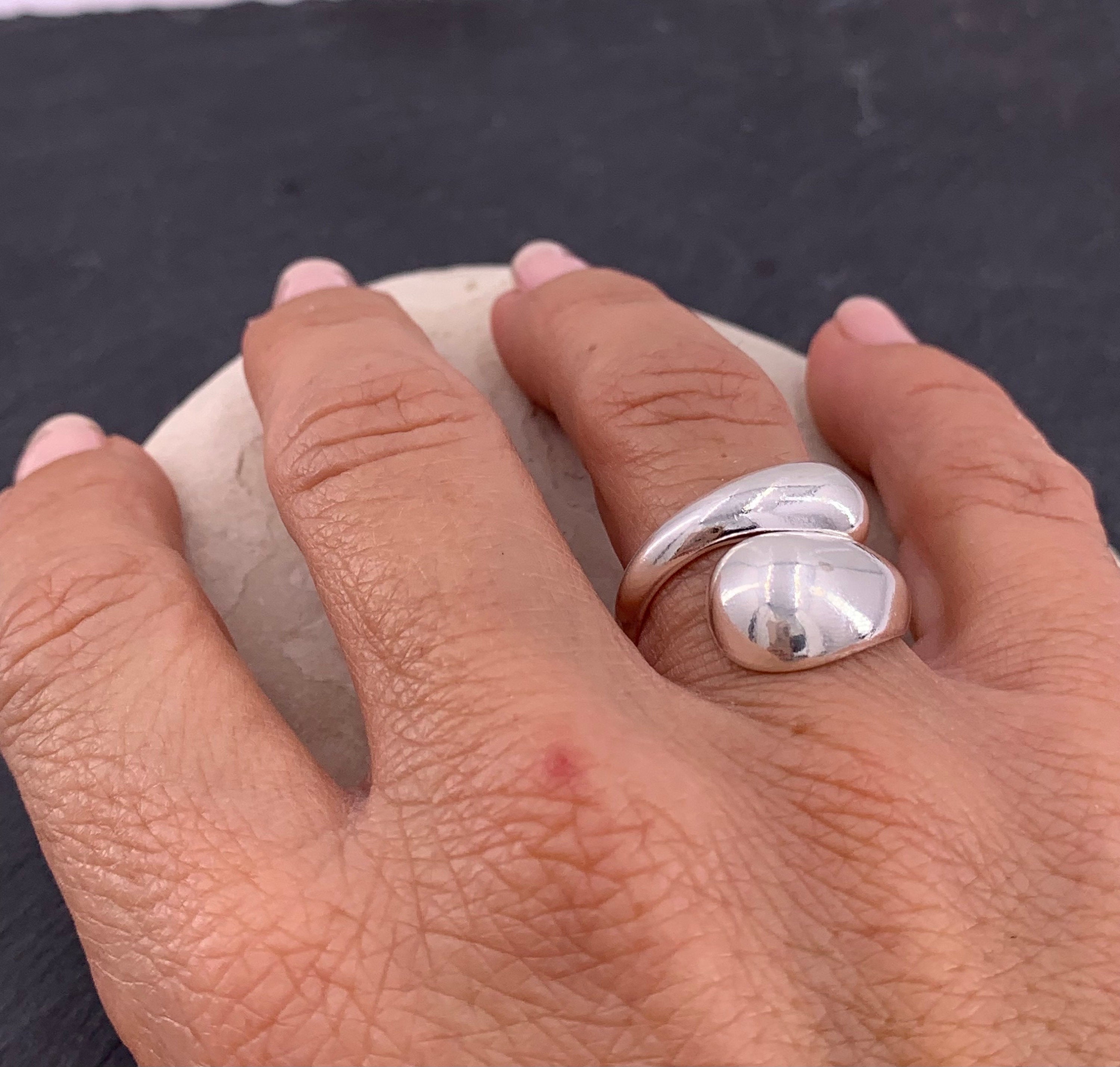 Drop shaped silver ring, dome ring, chunky silver ring, open band bulky ring, voluminous ring, oversized ring, bold double band ring,