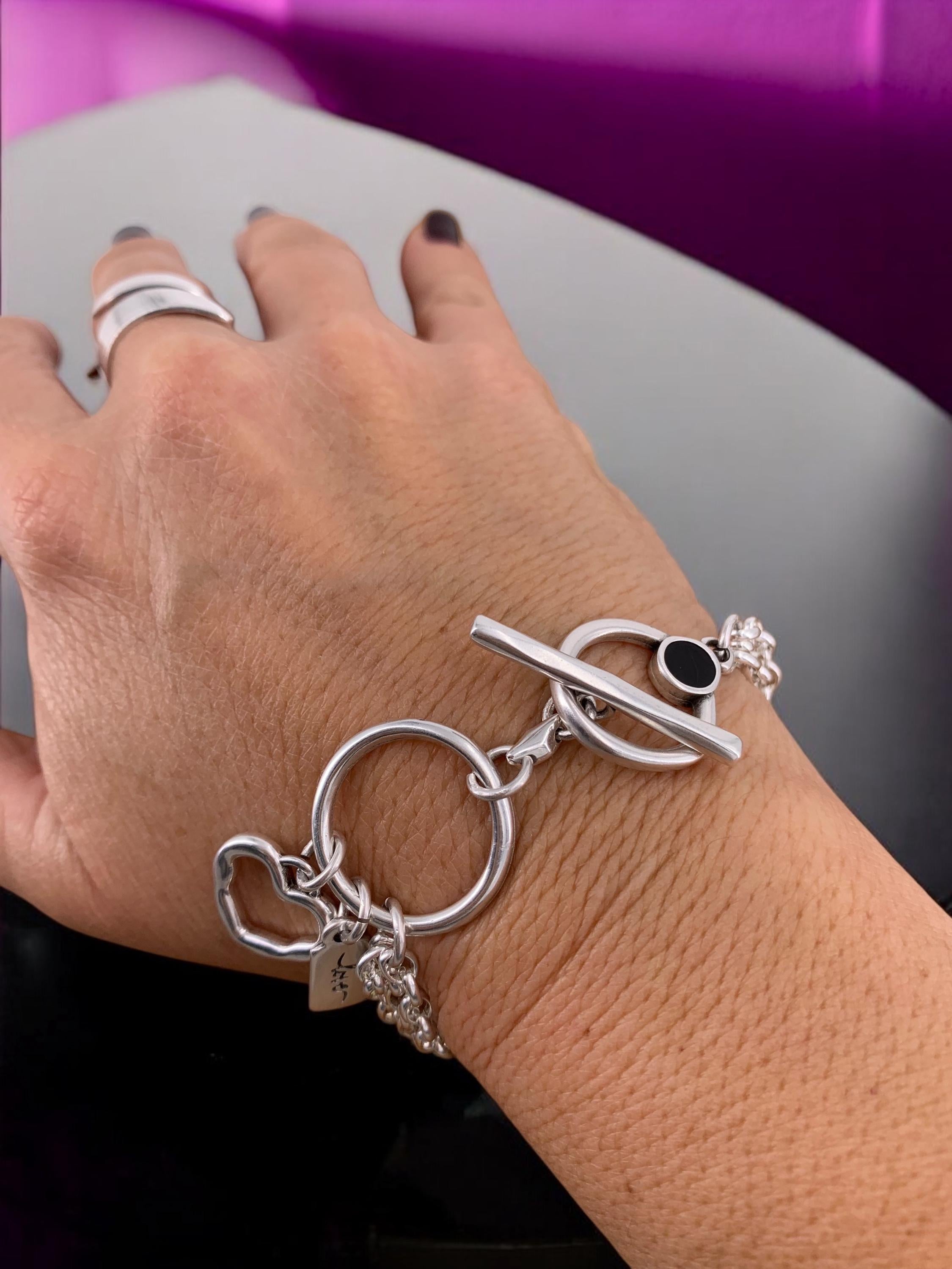 Multi strand silver chain bracelet with toggle clasps and heart charm, heart bracelets, wrap silver bracelet, uno de 50 style, chunky bracel