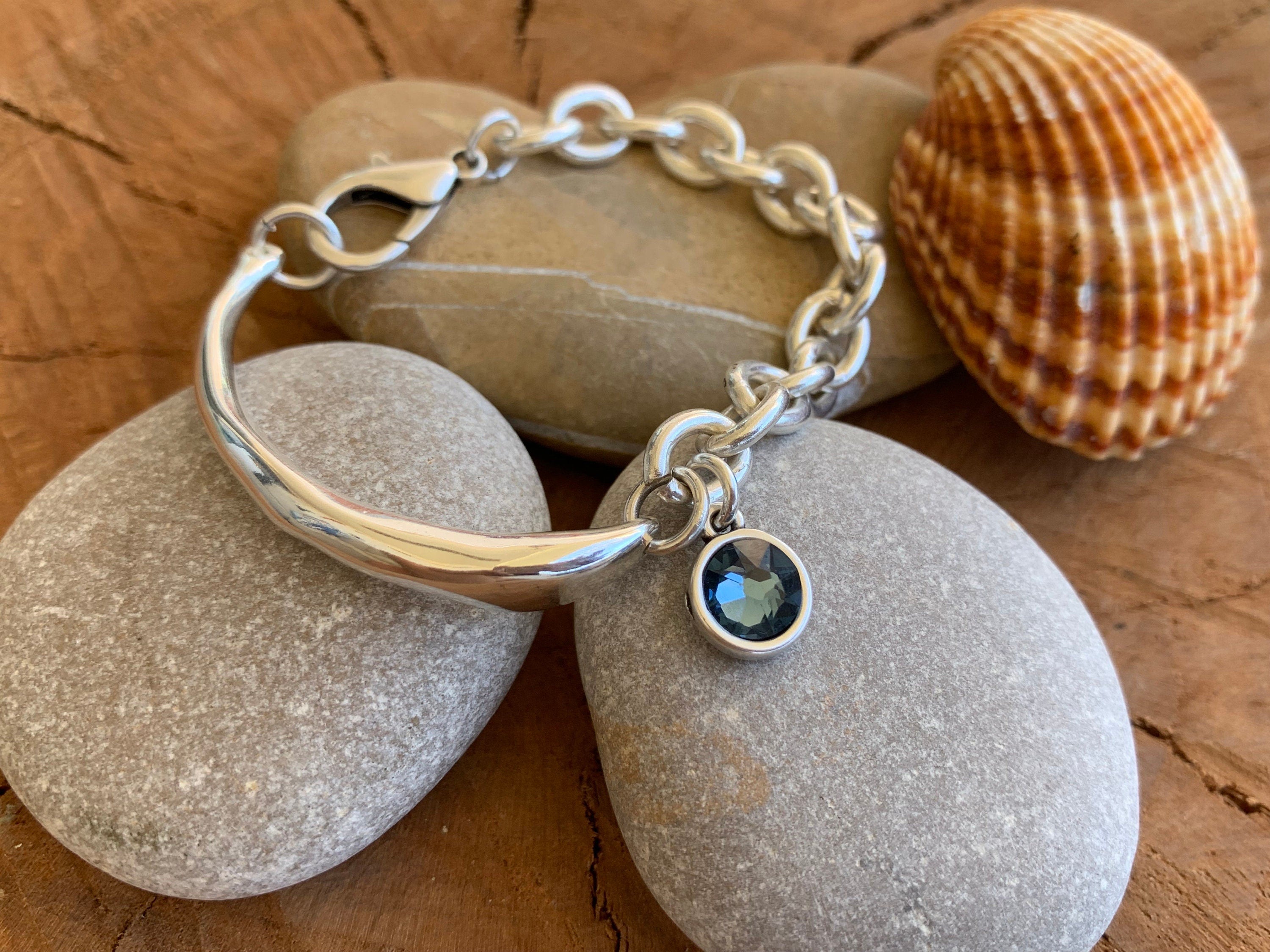 Half-Cuff Silver Bracelet with Swarovski Crystal Charm – Chunky Chain – Handmade Custom Fit – Kukuri Exclusive - statement jewelry