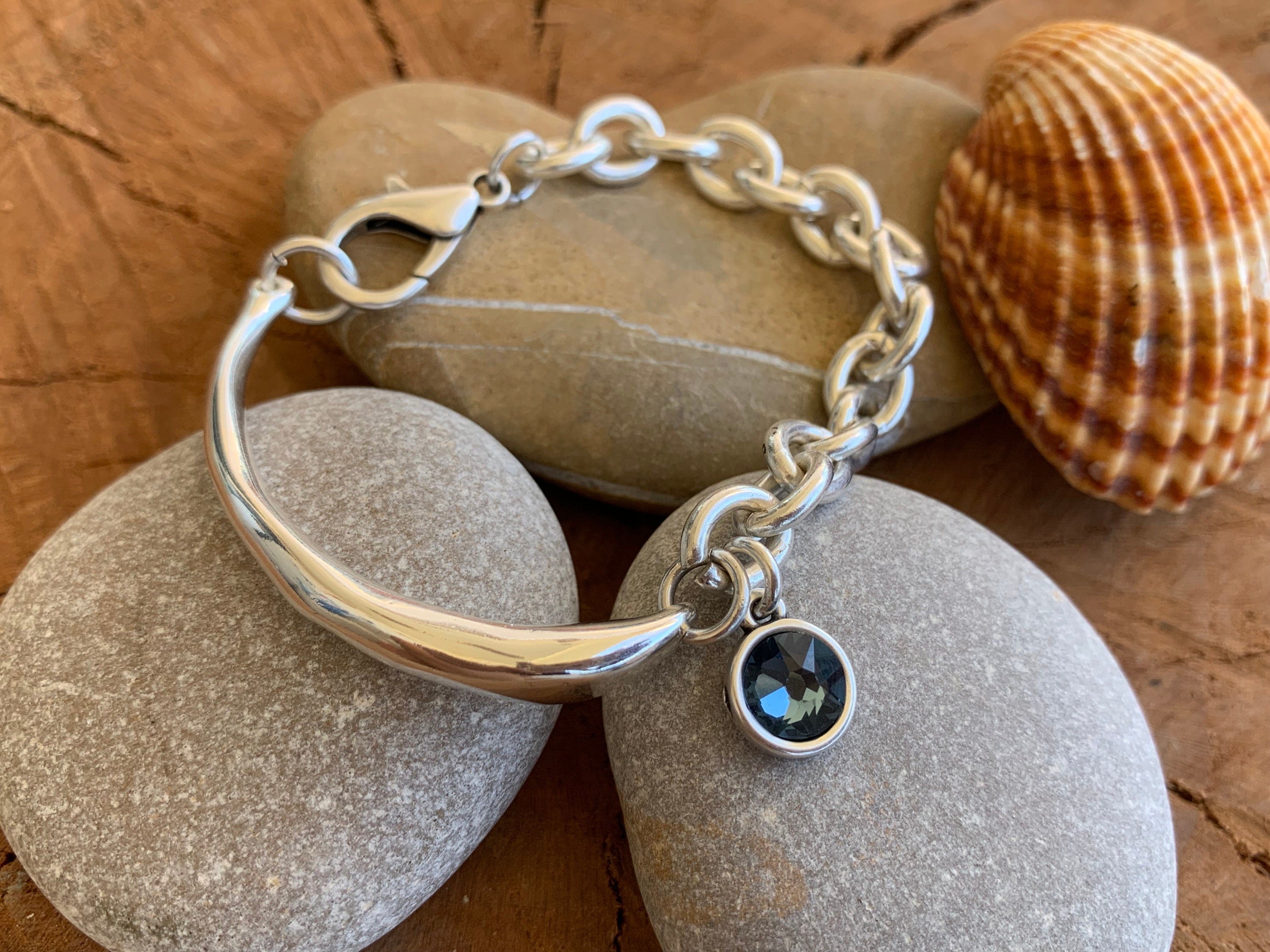 Half-Cuff Silver Bracelet with Swarovski Crystal Charm – Chunky Chain – Handmade Custom Fit – Kukuri Exclusive - statement jewelry