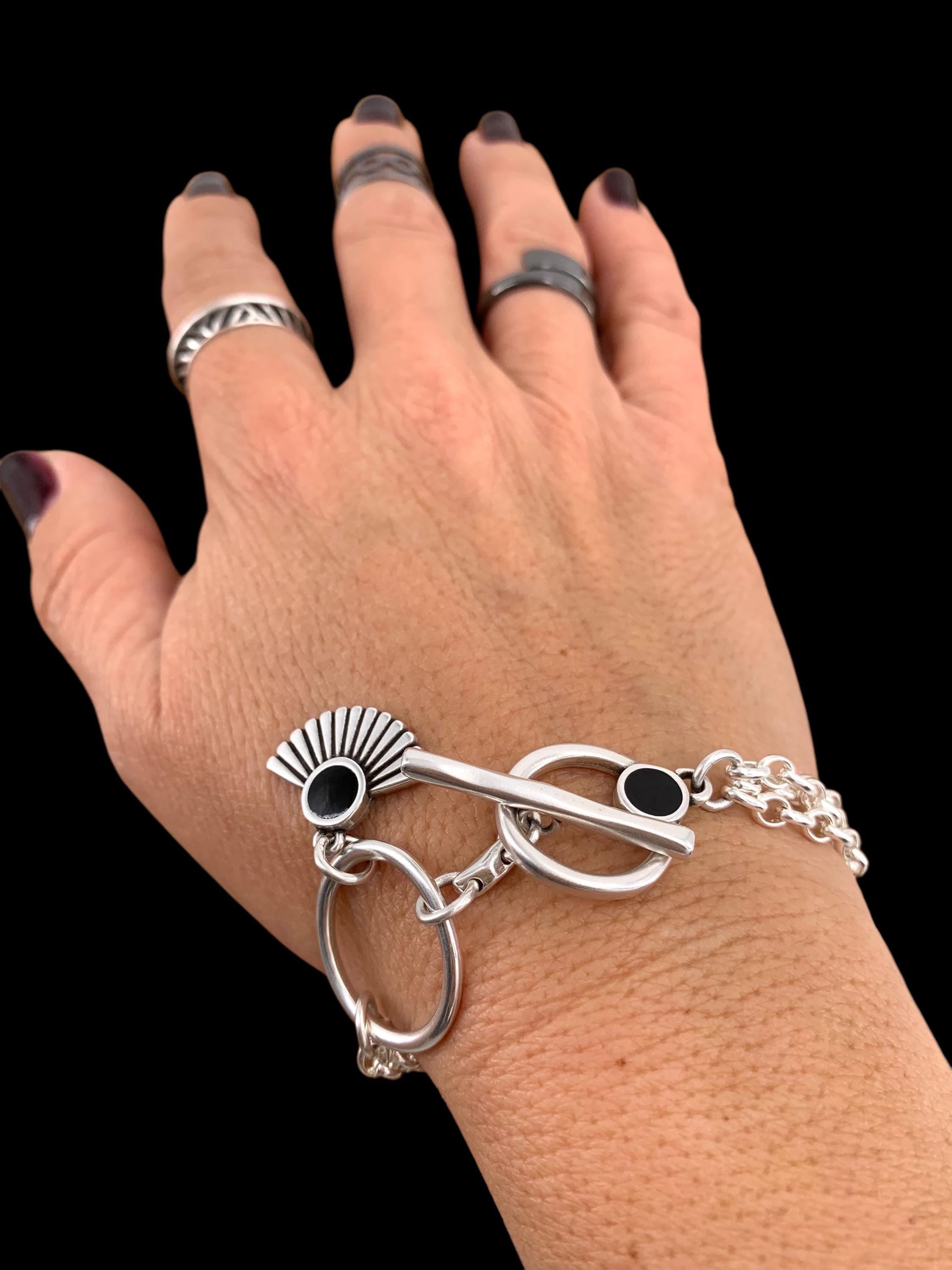 Multi strand silver chain bracelet with toggle clasp and tribal charms, custom handmade jewelry